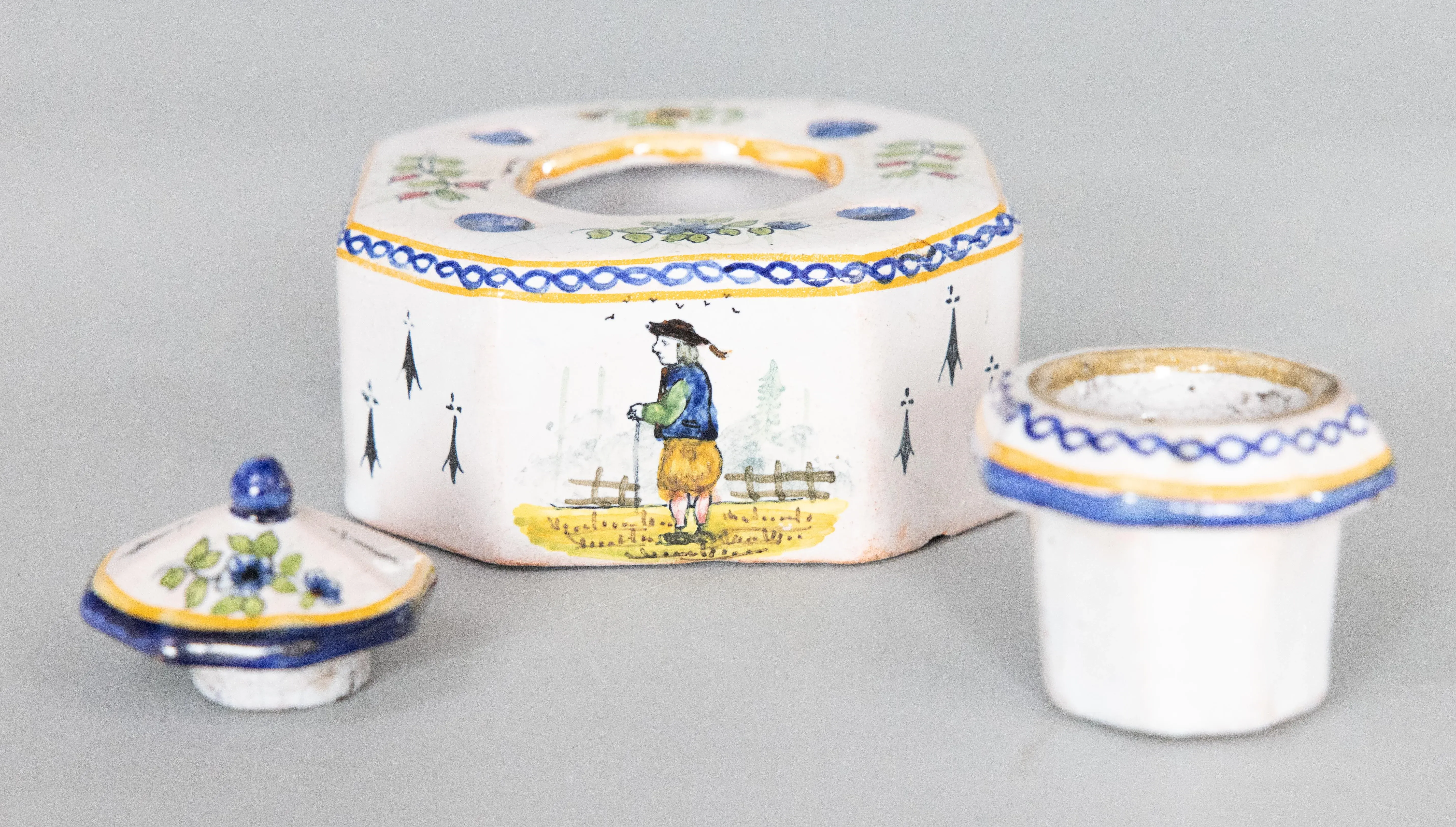Antique French Faience Quimper Style Inkwell