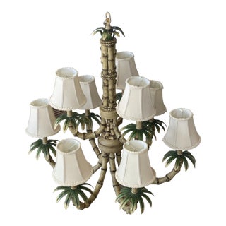 Vintage 9 Light Tropical Palm Tree Faux Bamboo Metal Tole