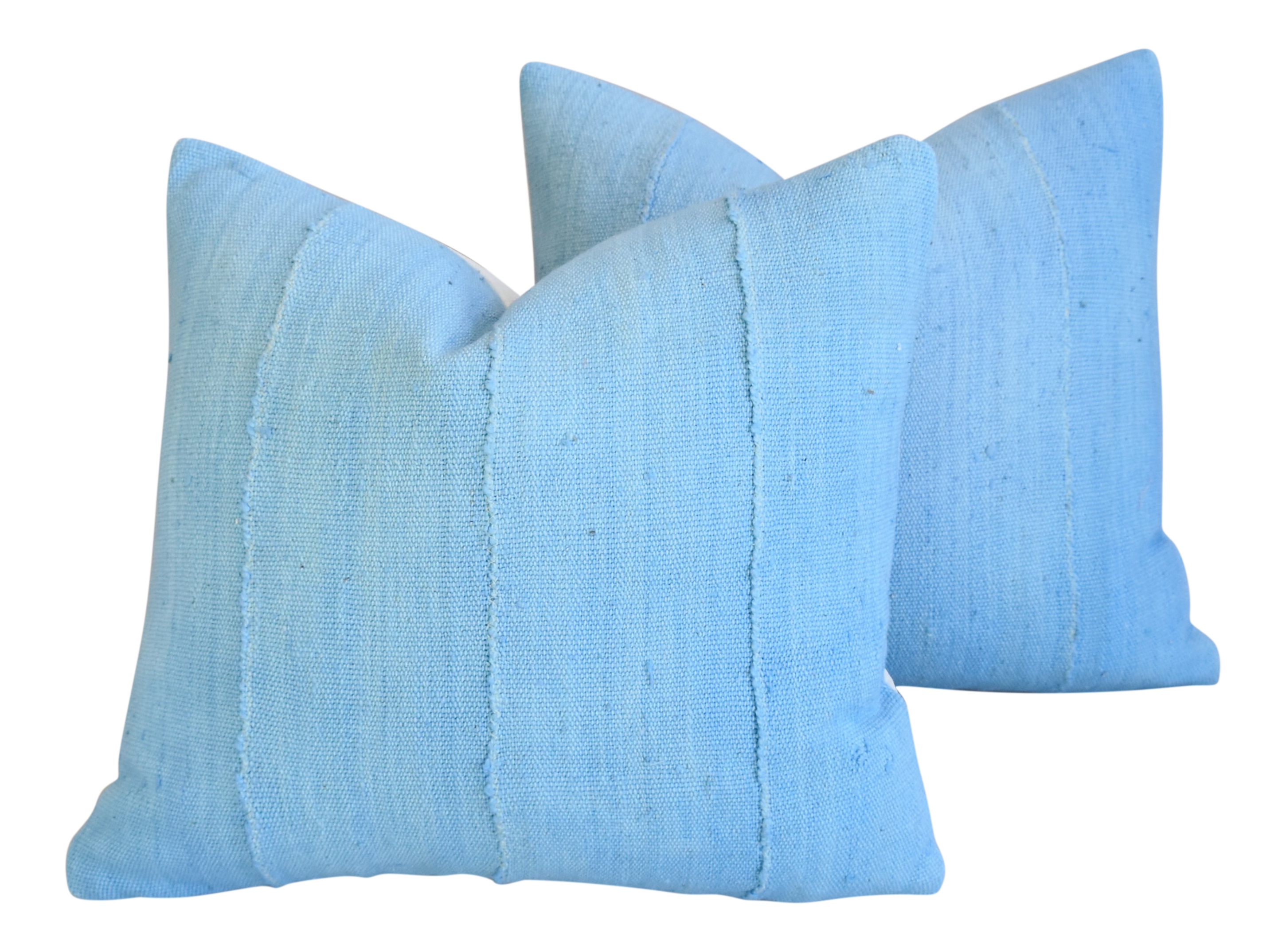 Sky Blue Mud Cloth Velvet Feather Down Pillows 17 X 16 Pair