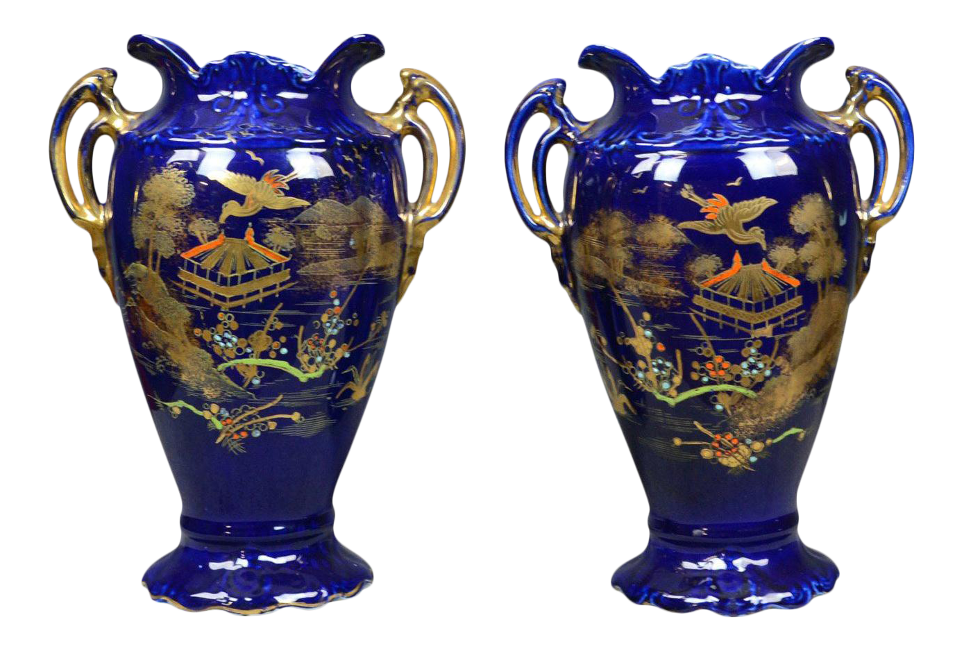 Late 20th Cenrury Gold and Blue Decorative Ceramic Baluster Vases A