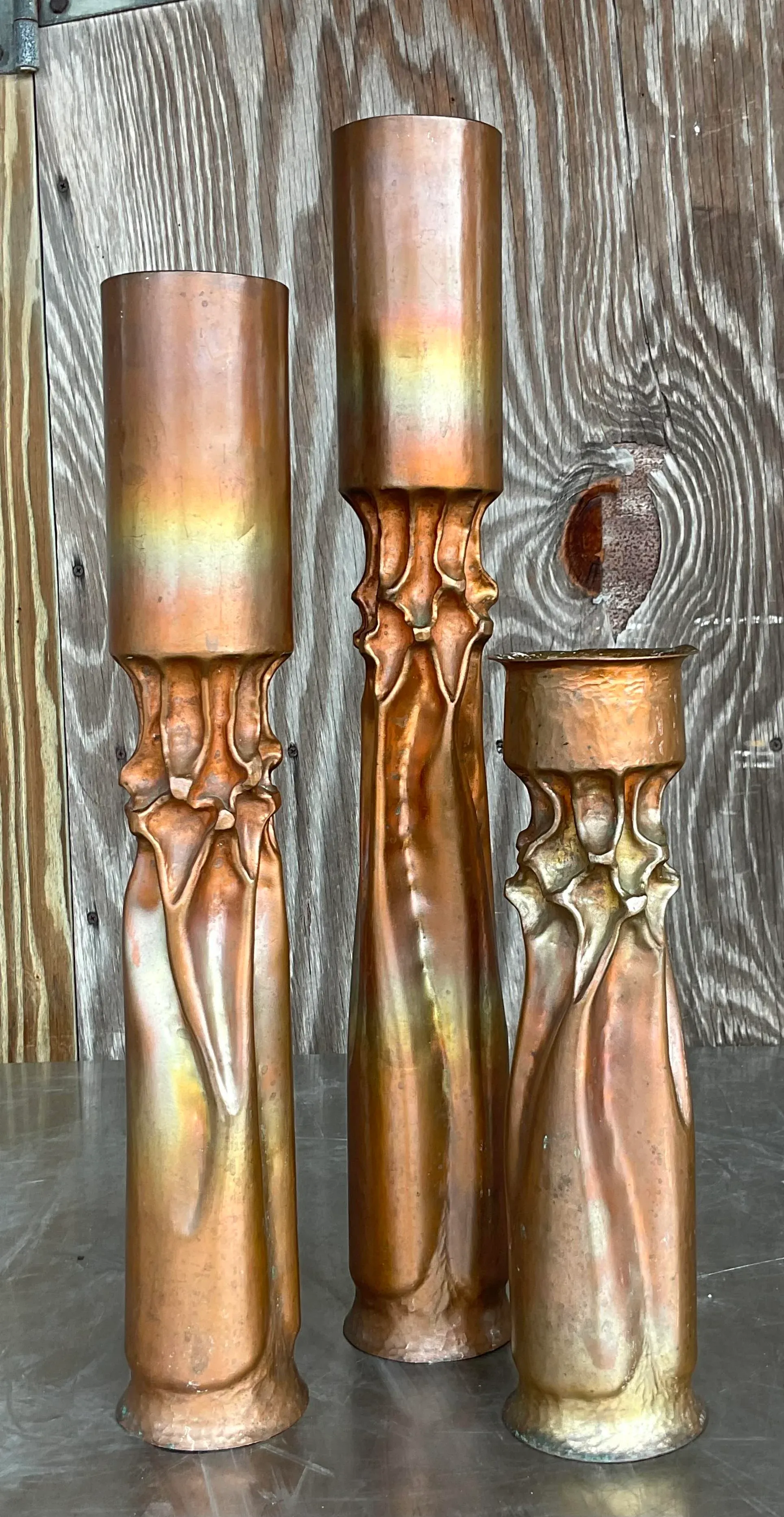 Vintage Brutalist Thomas Roy Markuson Twisted Copper Candlesticks