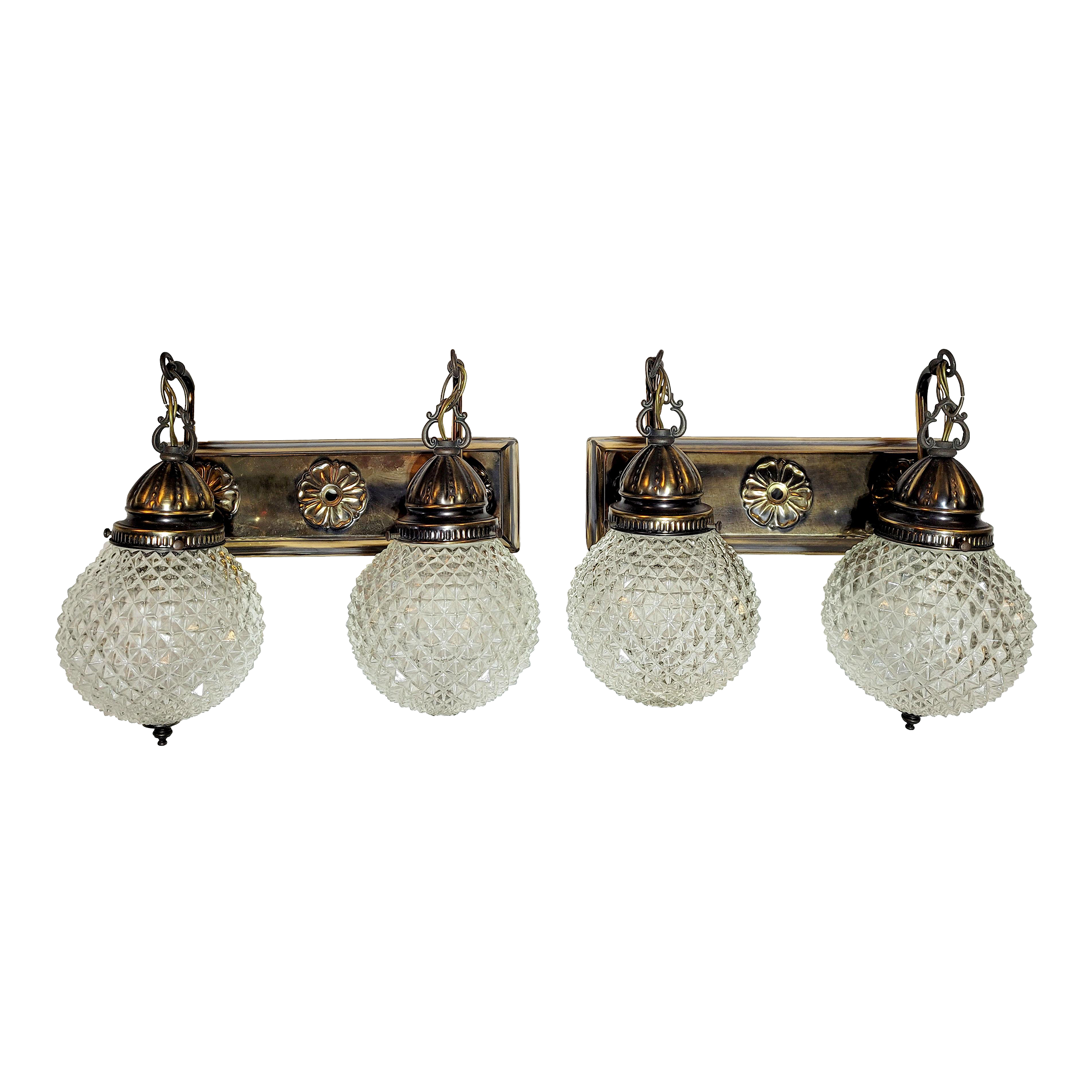 Vintage Underwriter's Laboratories Double Diamond Cut Glass Globe Wall Sconce Light Fixtures