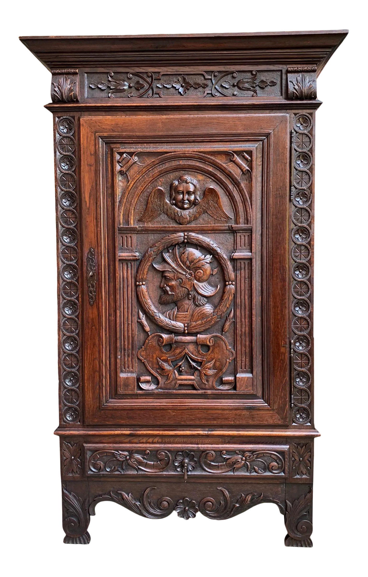 Antique French Carved Oak Storage Cabinet Renaissance Roman Centurion C1890