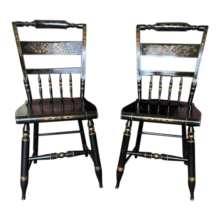 Pair of Vintage Black L Hitchcock. Stencil Decorated Ebonized Wood