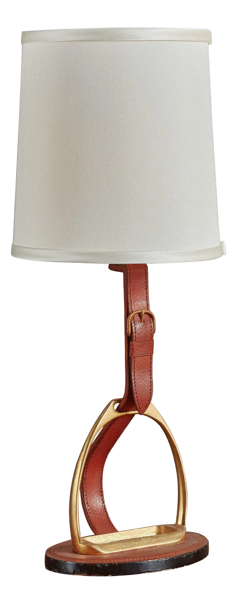 Leather + Brass Table Lamp by Longchamp, France 1950s