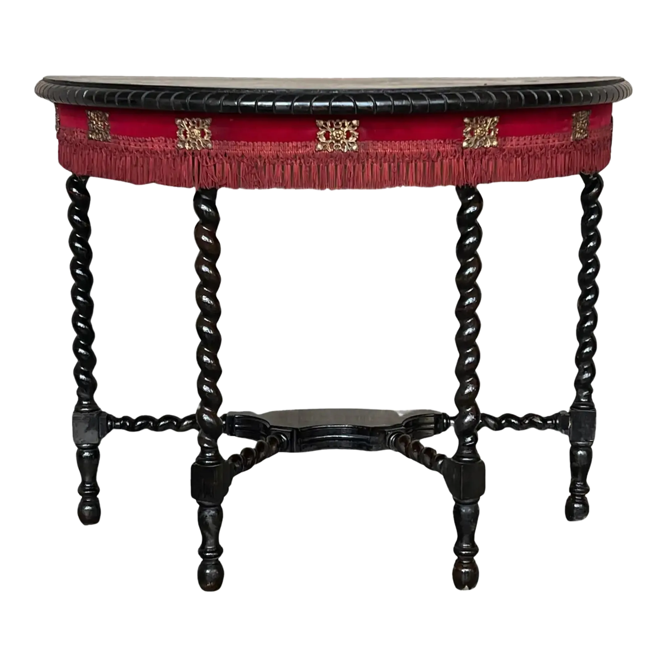 19th Century English Demilune Table With Solomonic Legs and Fringes