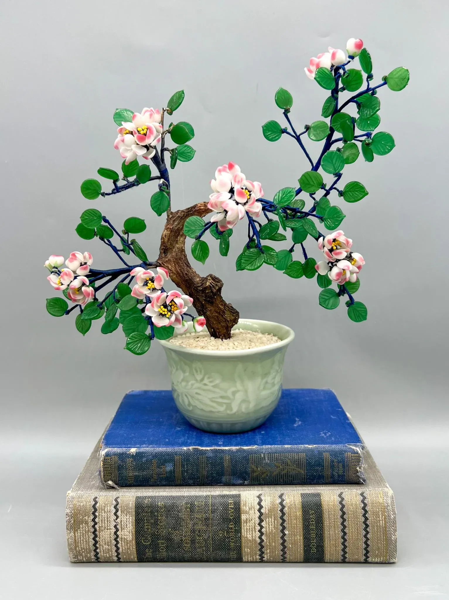 Vintage Chinese Glass Cherry Blossom Bonsai Tree in Celadon Pot