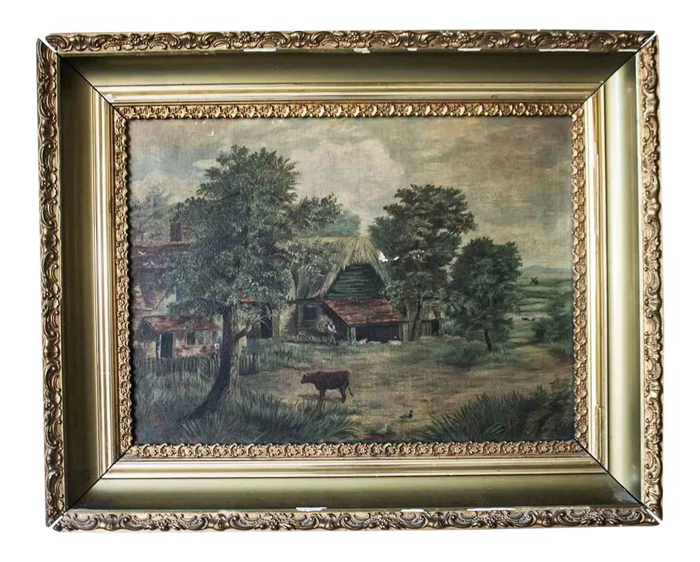Vintage Oil on Canvas Painting Farm Scene Chairish