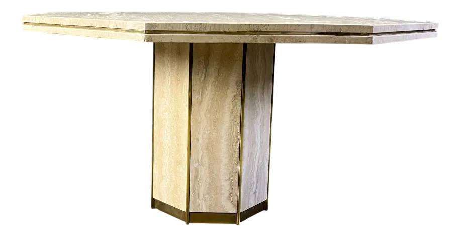 Vintage Octogonal Dining Table in Travertine and Brass, 1970s