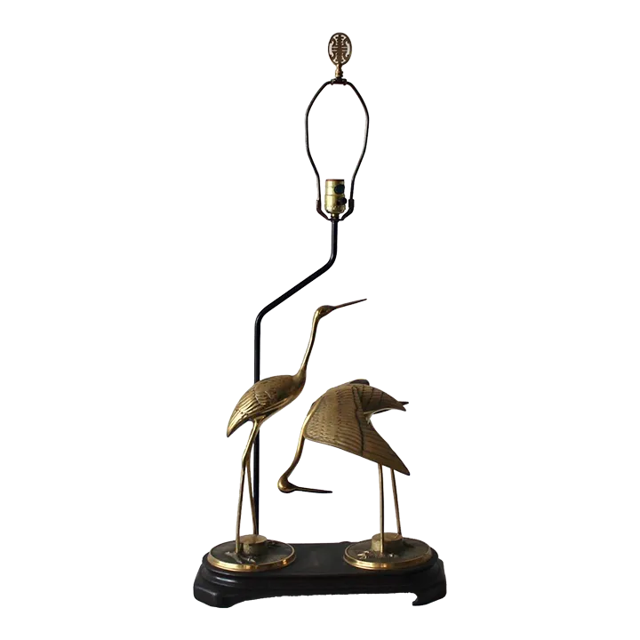 Extra Large Chinoiserie Brass Cranes Table Lamp Midcentury Asian | Chairish