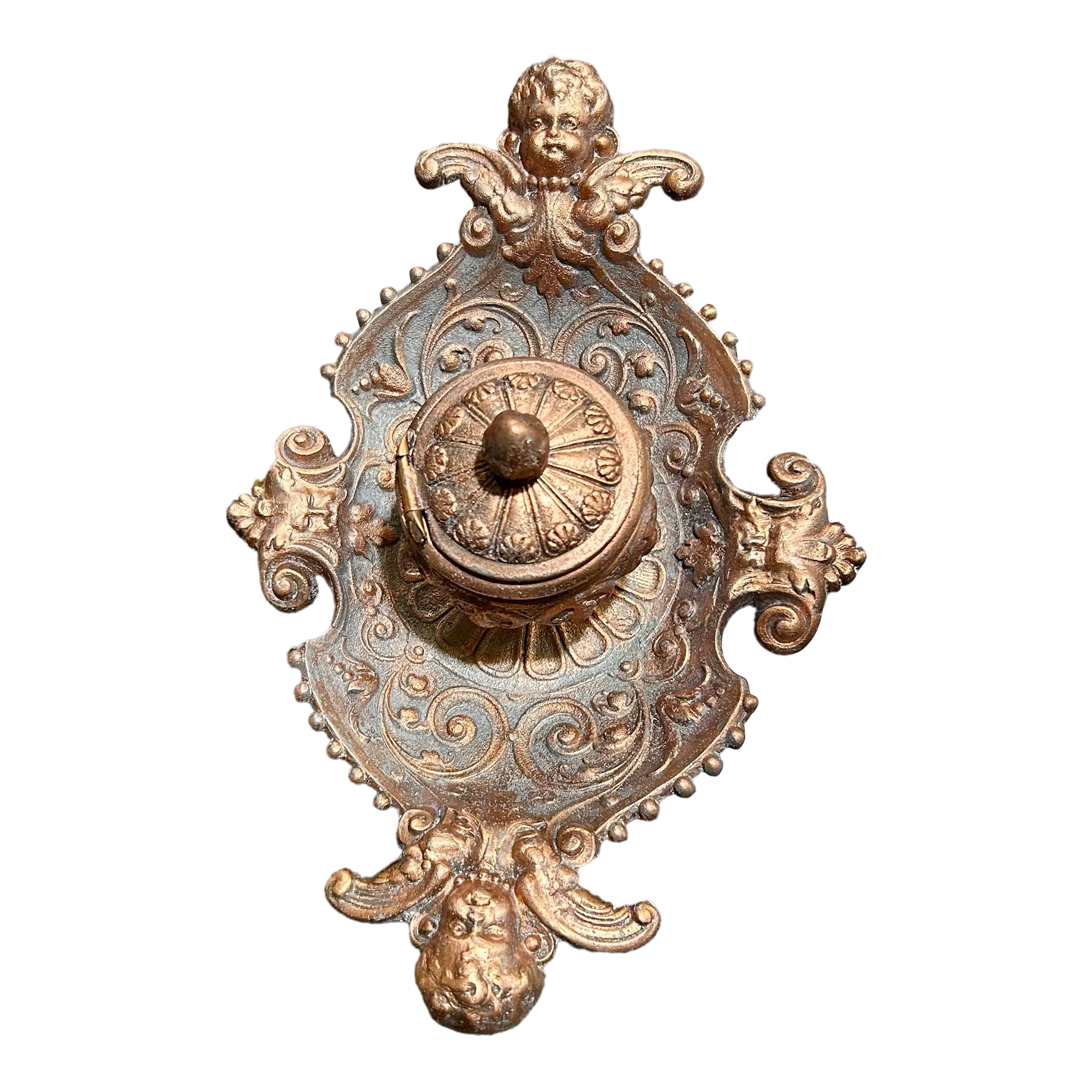 Antique Bronze and Brass Inkwell, With Cupids and Other Raised Relief Renderings of Floral, Acanthus Leaf Motifs and Green Tree Heads