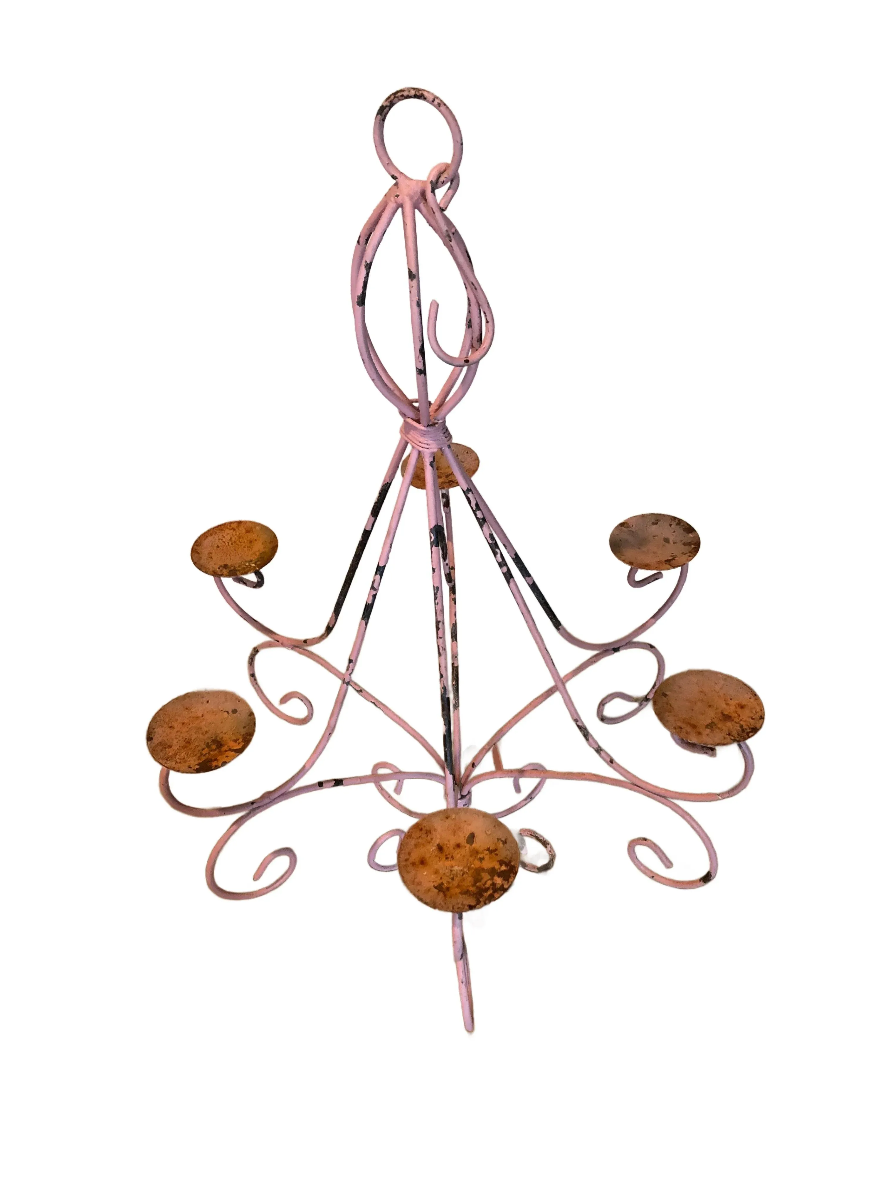 Vintage Mid Century Modern Distressed Pink Wrought Iron Candle Chandelier