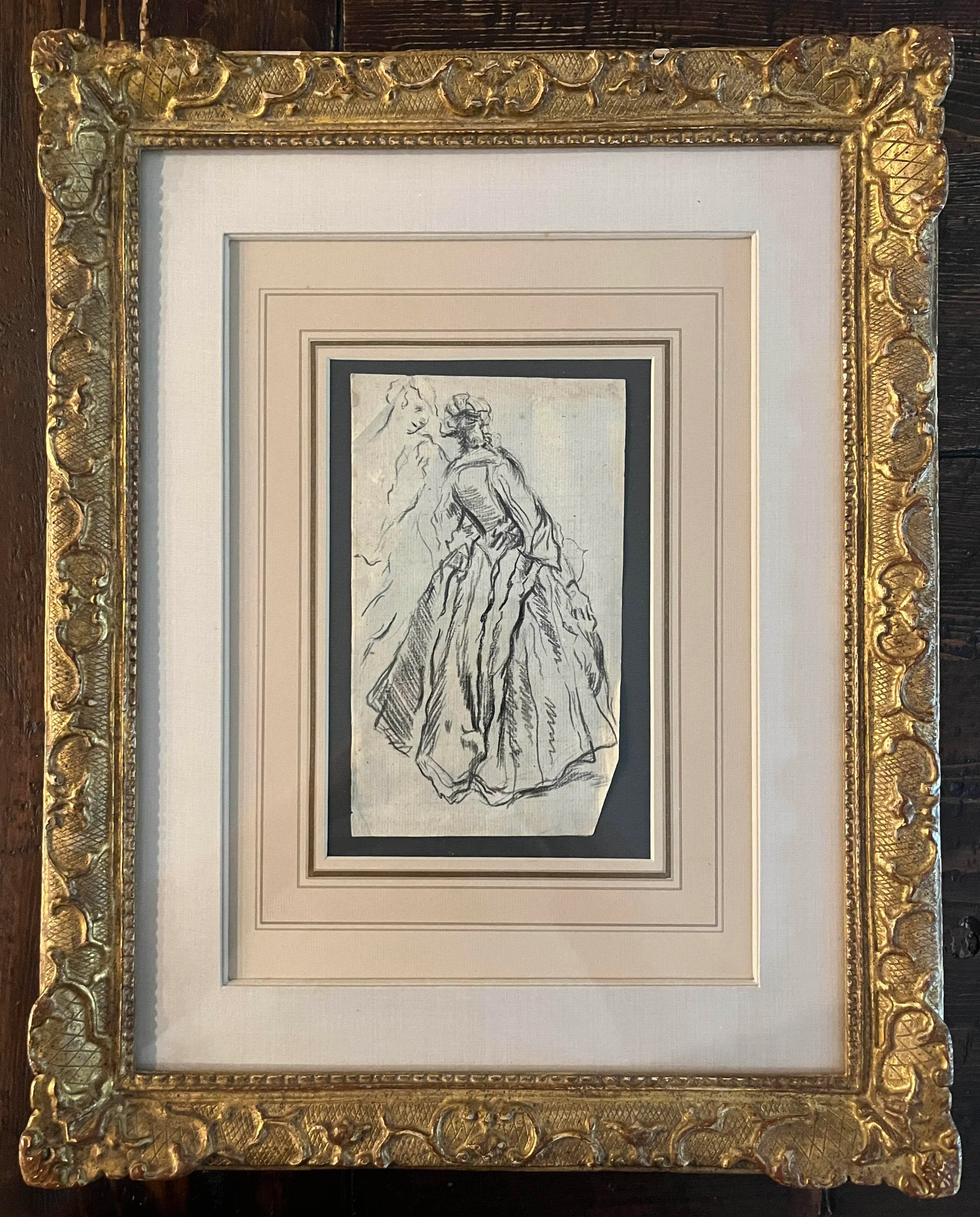 Dessiner l’Antique Antique Framed Rococo European Drawing of a Woman With Her Back