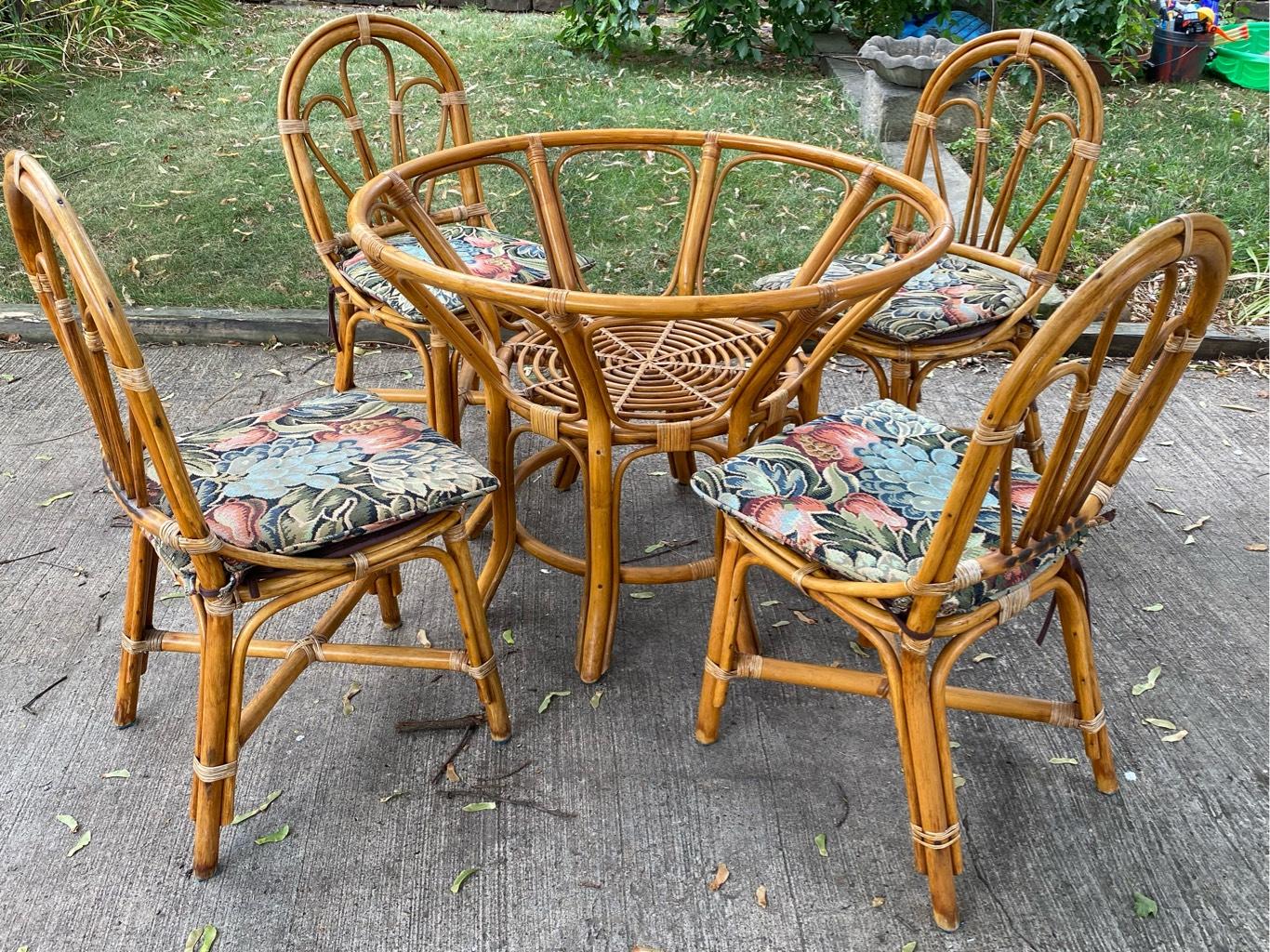 Late 20th Century Vintage Bamboo Florida Sunroom Patio Table With Chairs -  Set of 5, image size:1366x1024