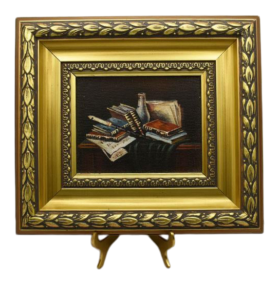 Framed Still Life Book Painting on Canvas in Gilt Frame With Stand