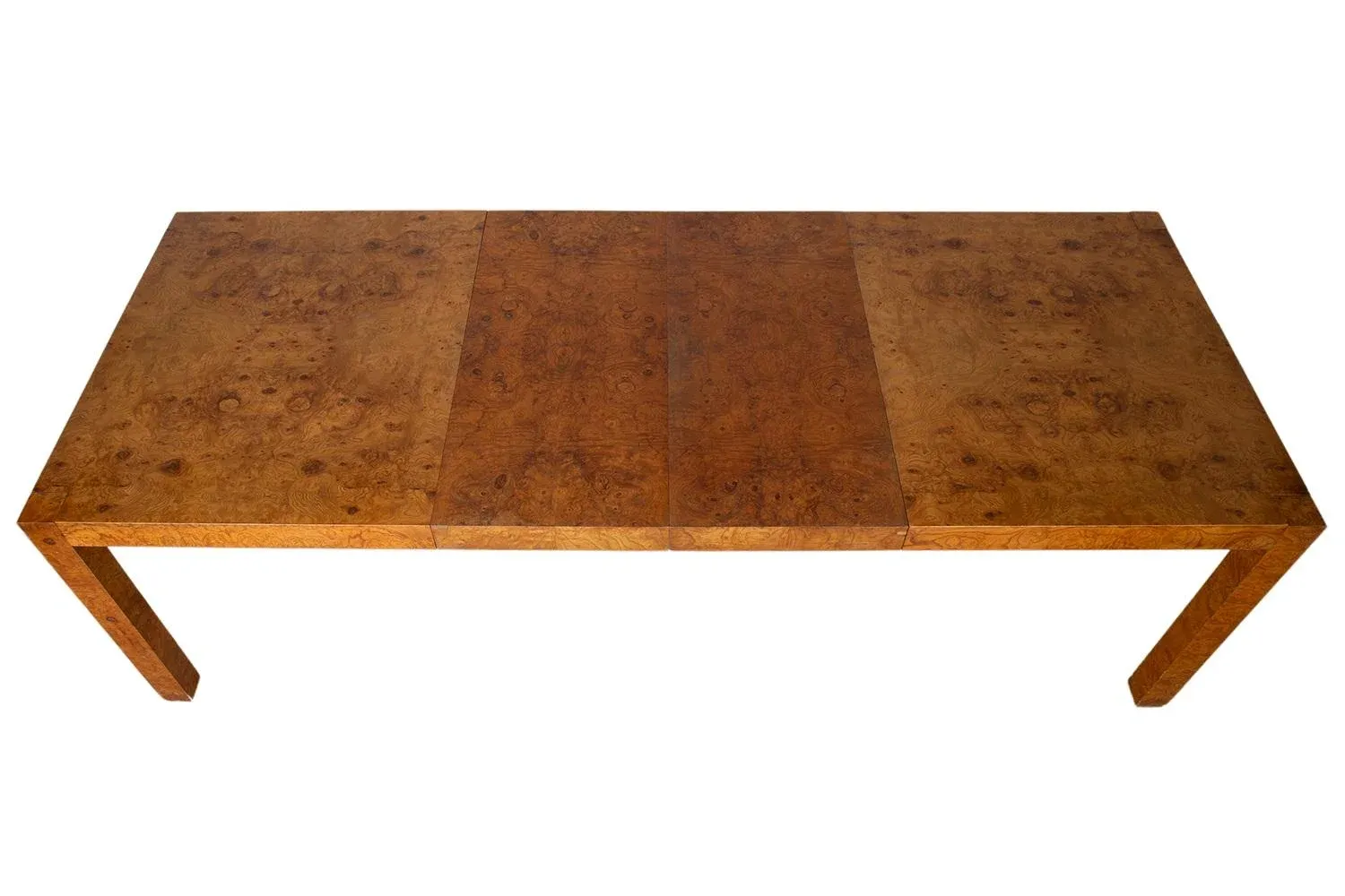 parsons tobacco brown dining table 1970s Mid-Century Burl Wood Parsons Dining Table in the Style of Milo  Baughman