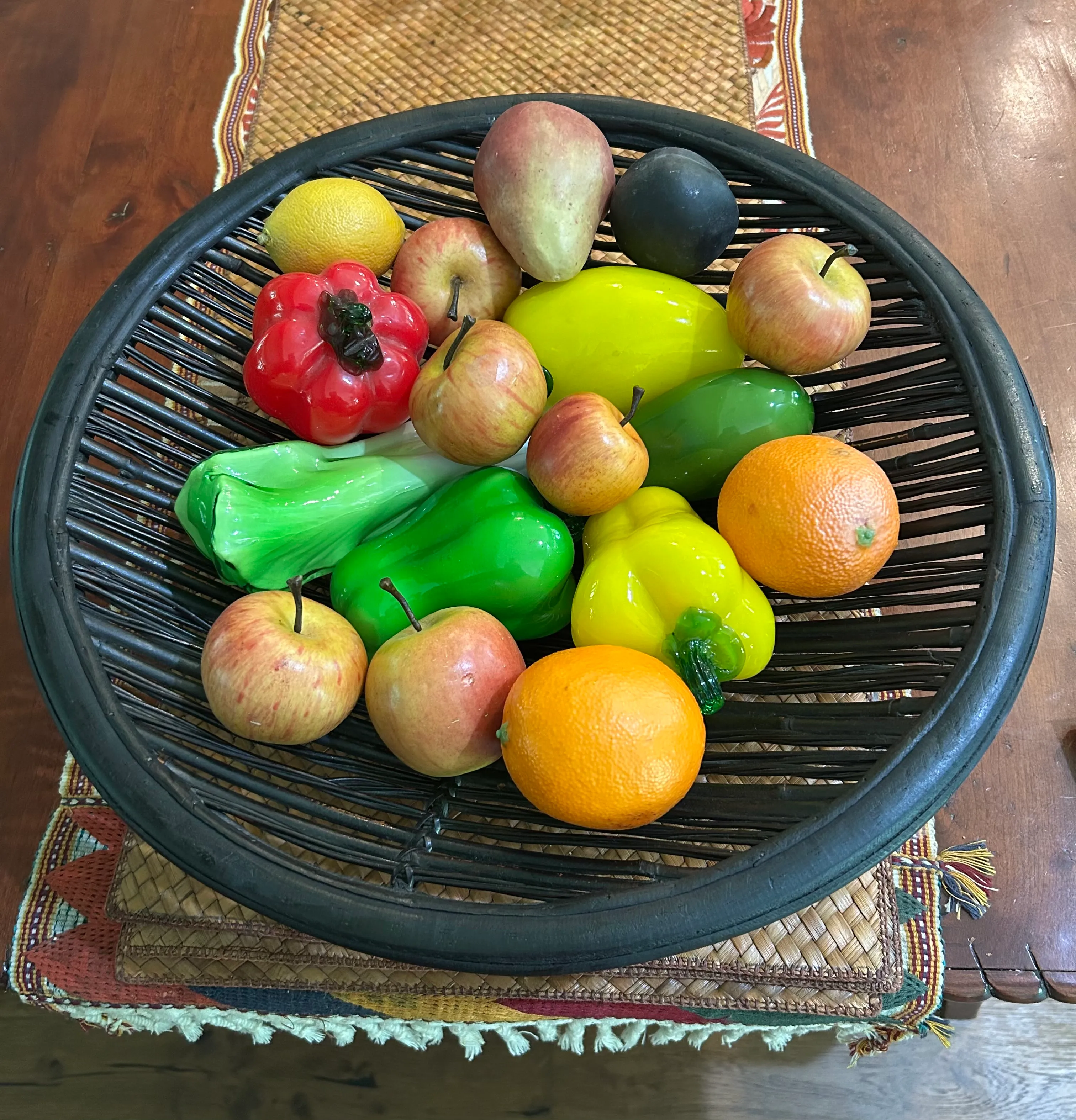 Vintage Black Rattan and Bamboo Basket