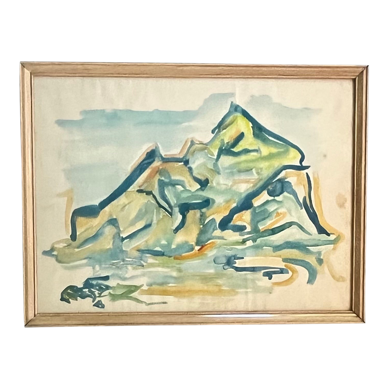 Abstract Expressionist Watercolor Landscape Painting of Mountains in Monserud, Norway - Mid-Century Modern Dated 1962