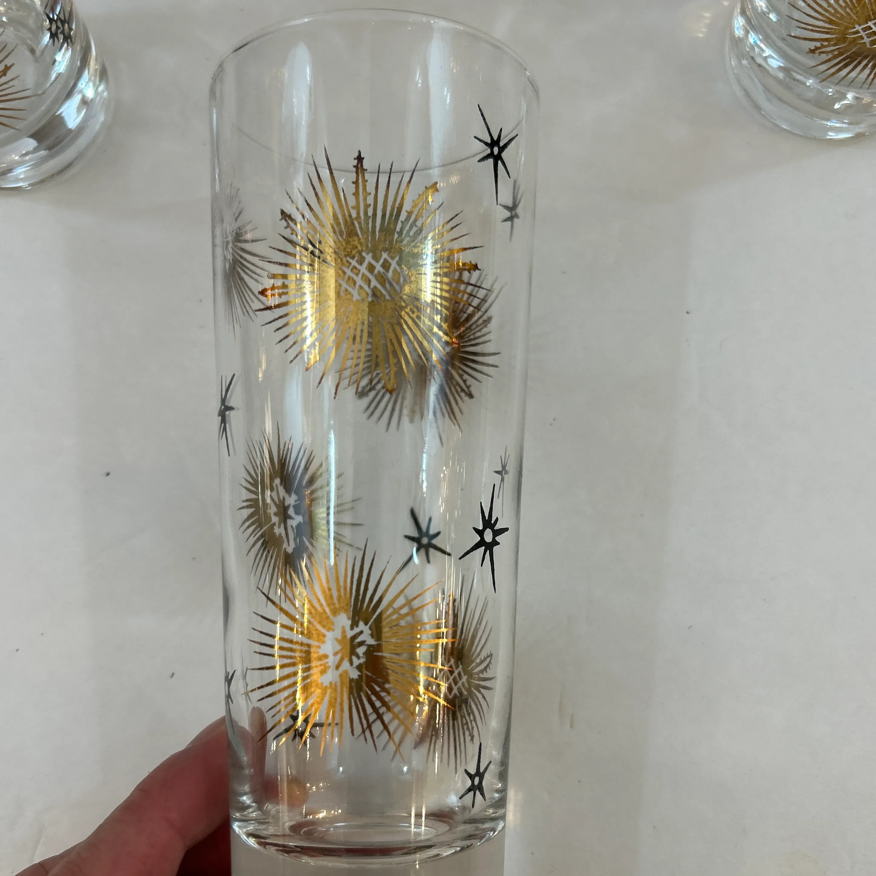 1950s Black and Gold Tapered Starburst Cocktail Drinking Glasses Set of 8