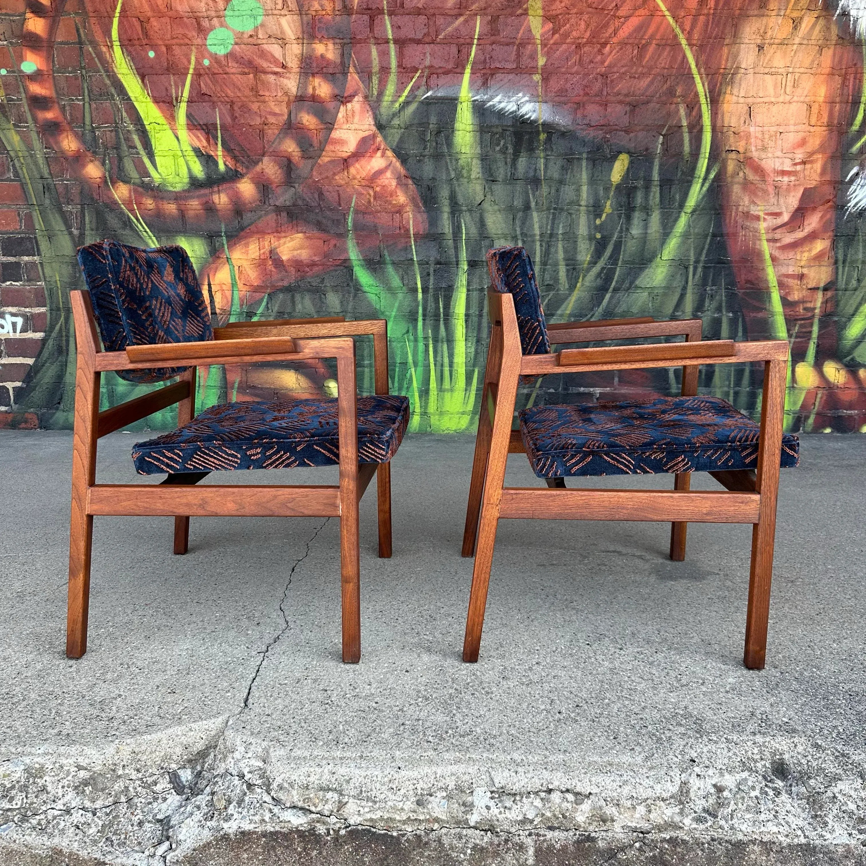 Pair of Walnut Jens Risom Arm Chairs in Jack Lenor Larsen Fabric