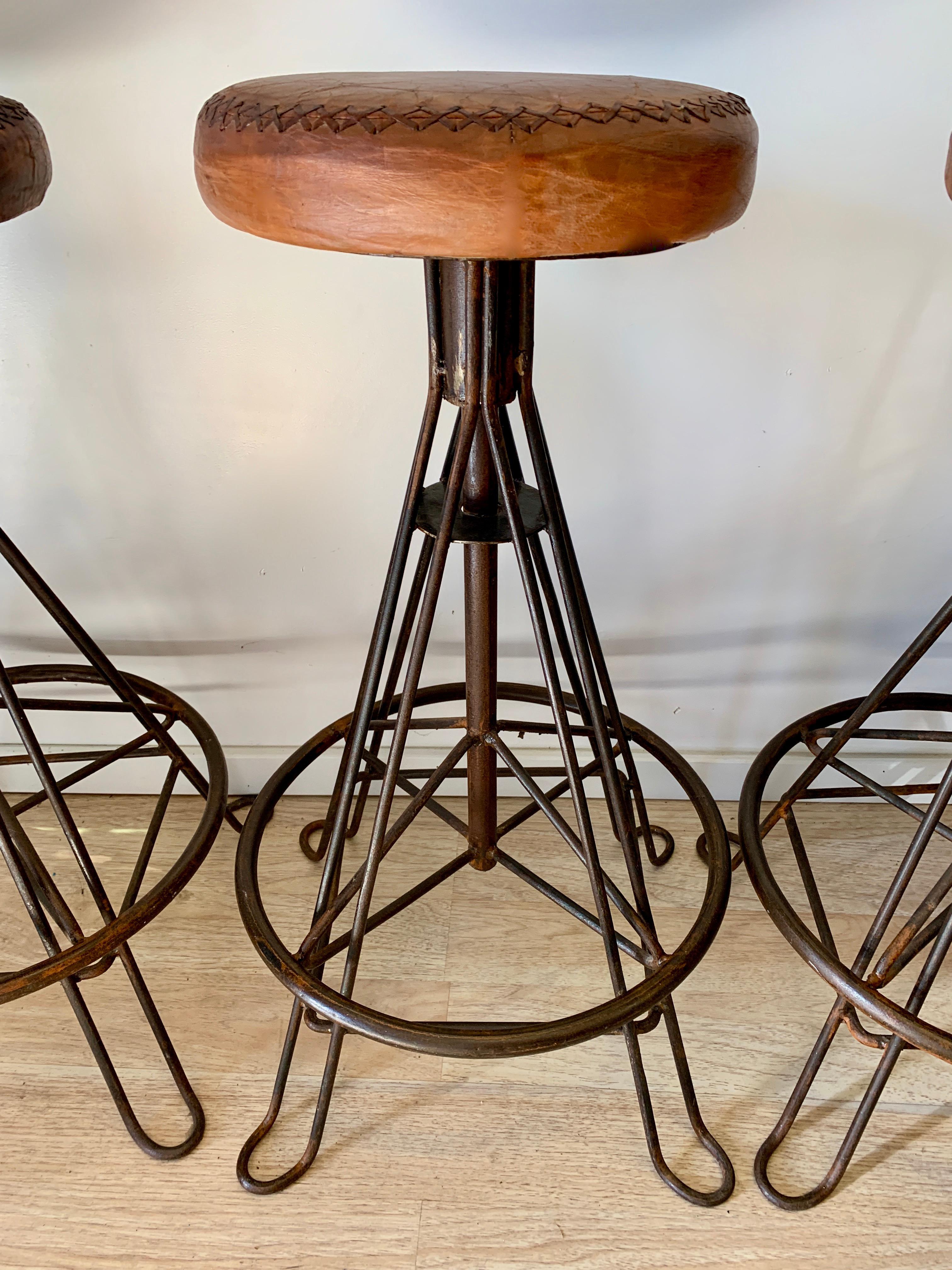 Wrought Iron and Stitched Leather Bar Stools Set of 3 Chairish
