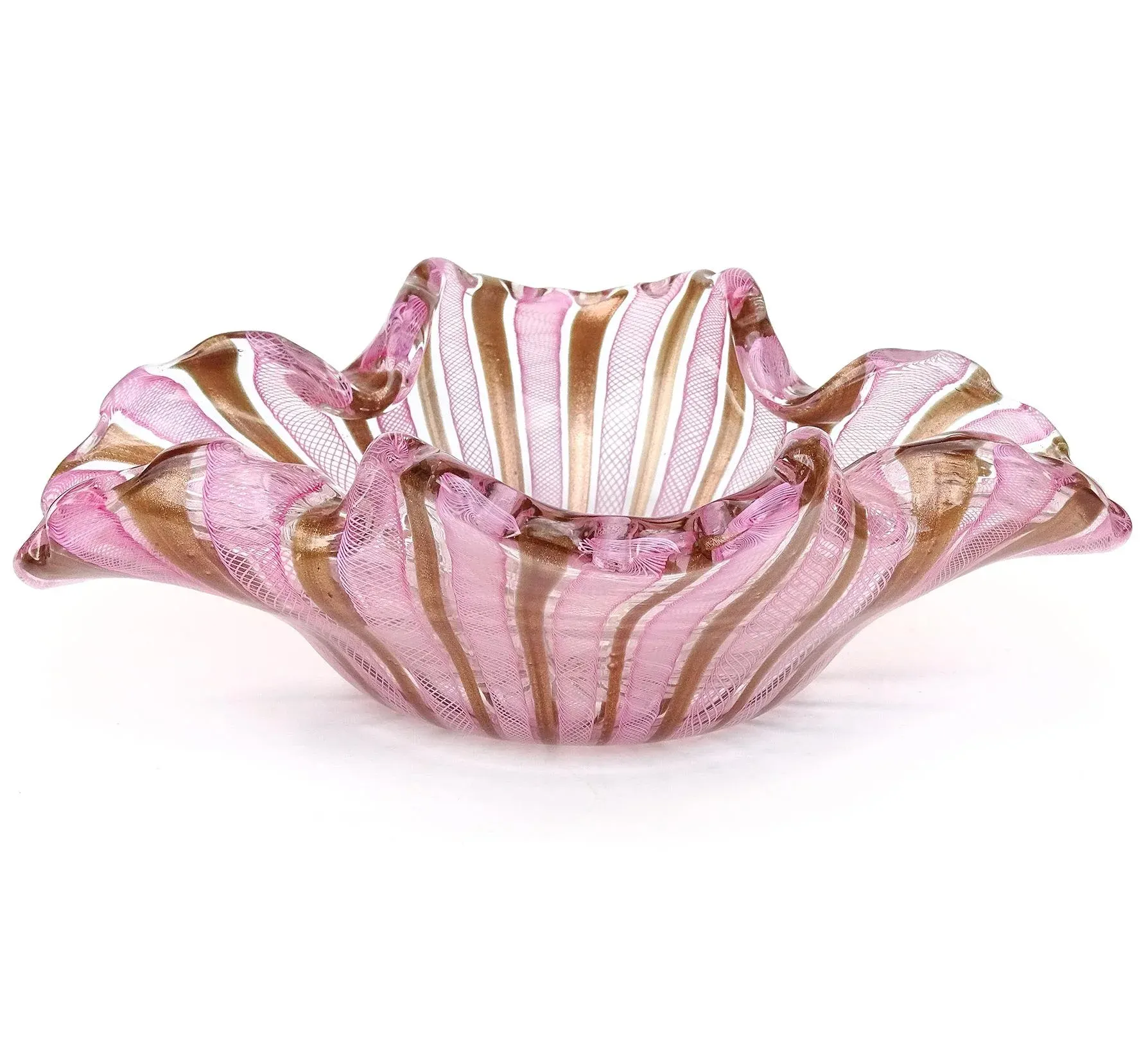 MURANO GLASS ムラノ 金彩 双耳 ホワイト レース ピンク 花器 Murano Fratelli Toso Pink White Copper Aventurine Ribbons Vintage