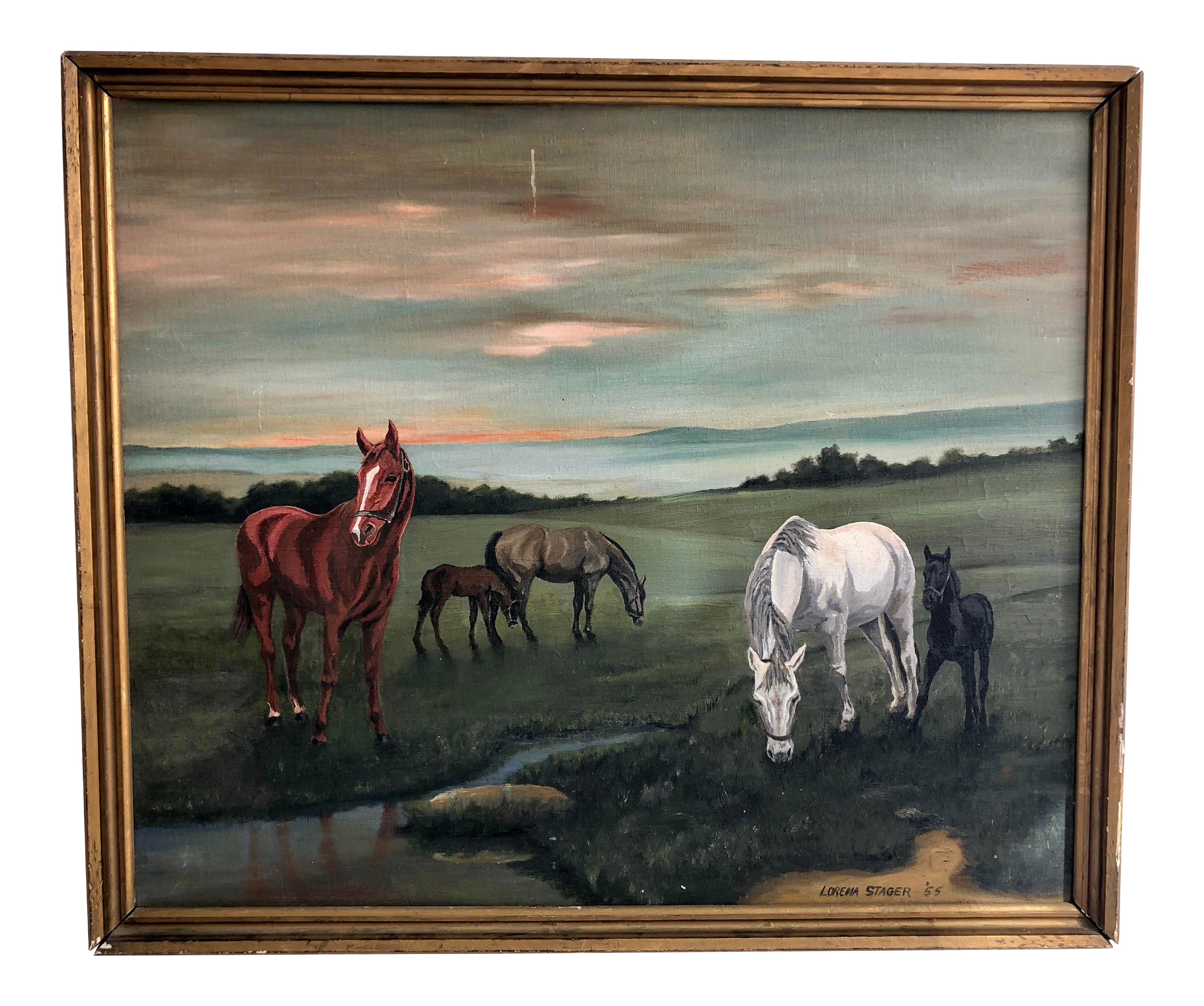1955 Midcentury Vintage Original Horse Landscape Equestrian Painting Signed Lorena Stager Chairish