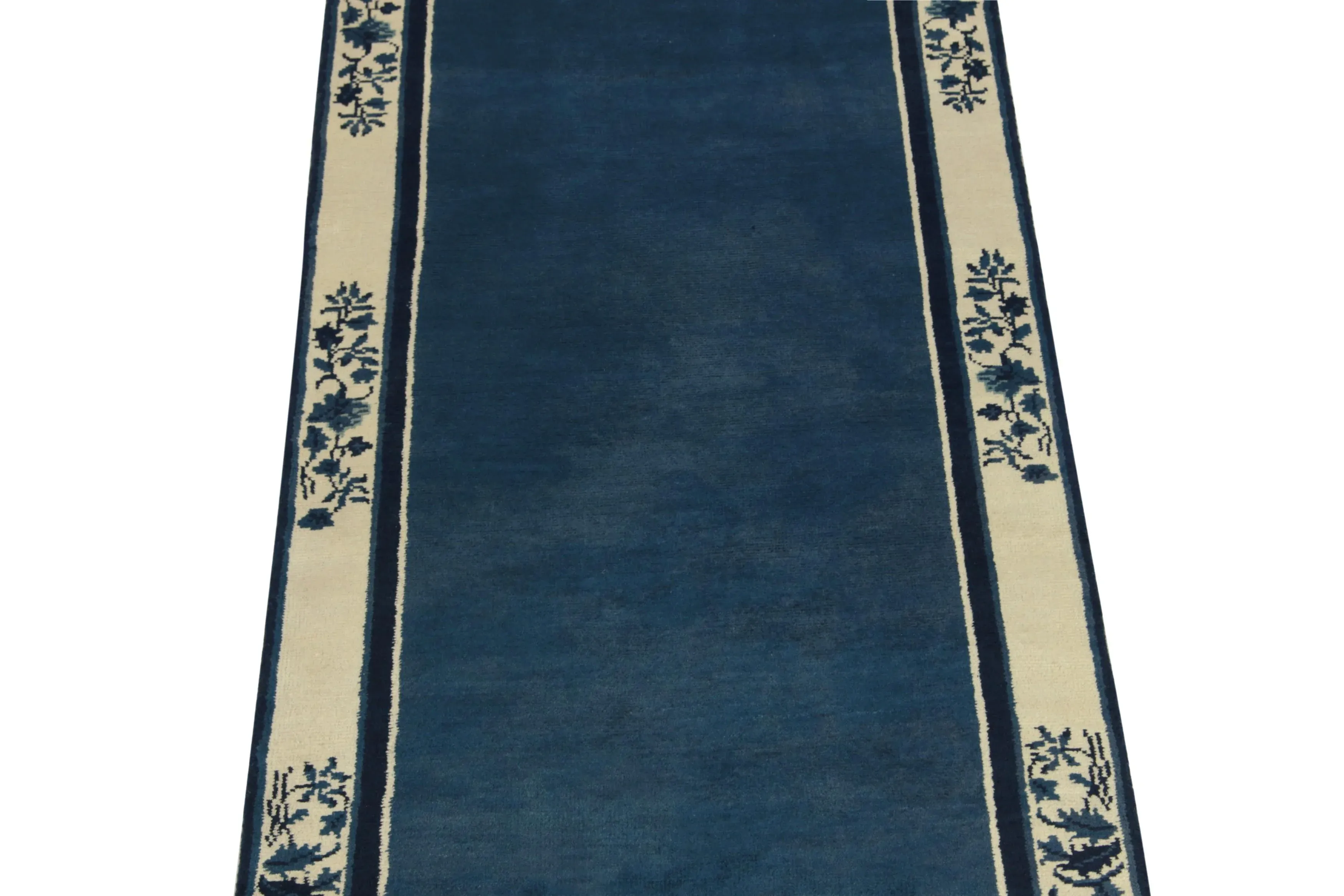 Vintage Chinese Deco Style Runner in Deep Blue, Off White Floral Pattern Border