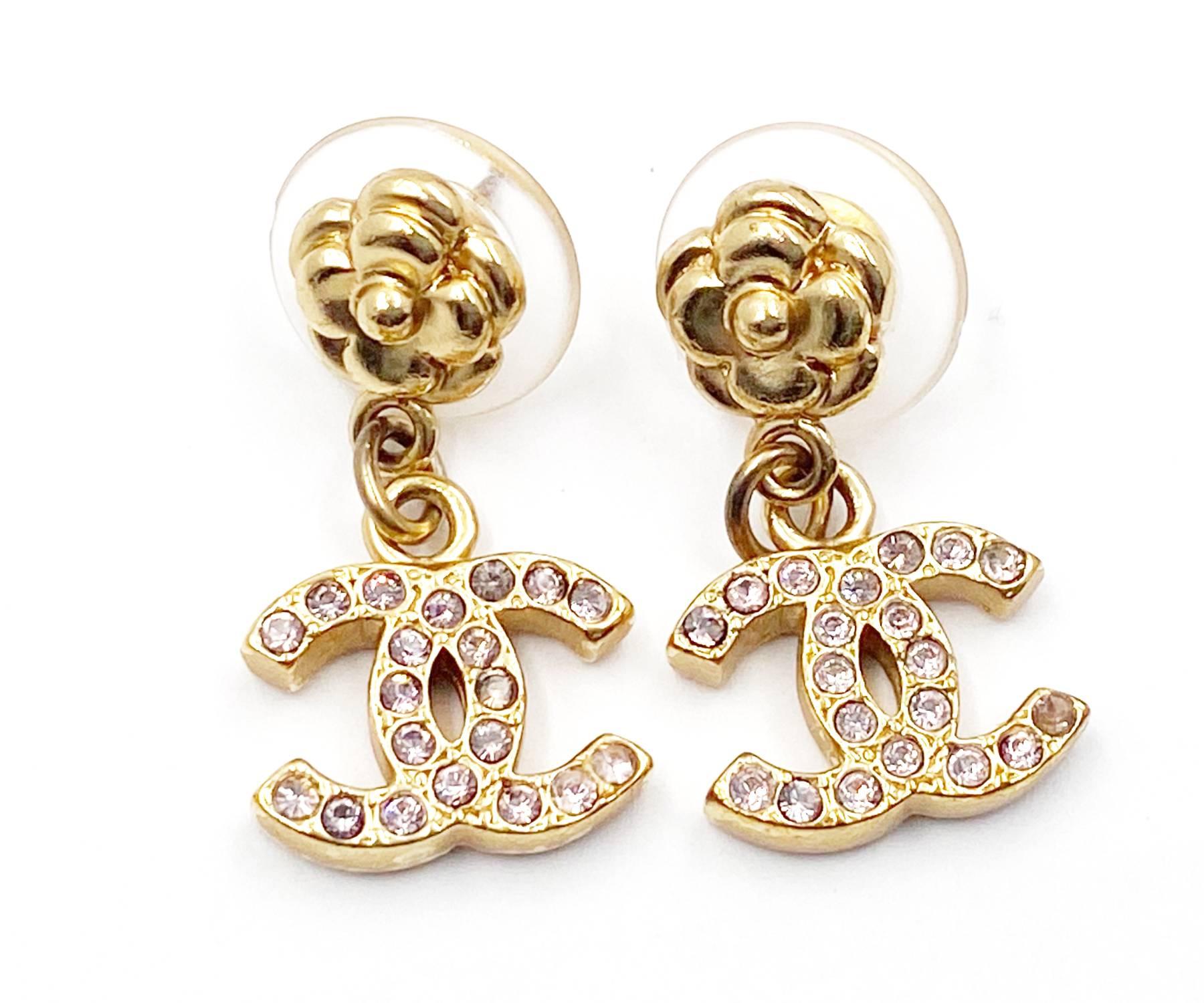 Chanel Classic Gold CC Crystal Piercing Earrings