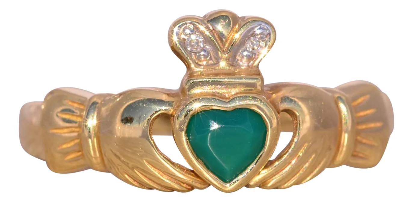 The Dingle: Irish Made Designer Signed Green Agate and Natural Diamond Claddagh Ring