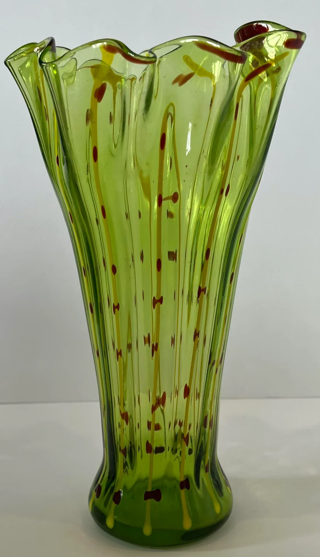 Vintage Art Glass Green Yellow Striped Vase