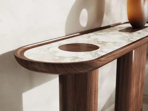 Oval Walnut Wood Console with Inserted White Marble Top by Ultramobili