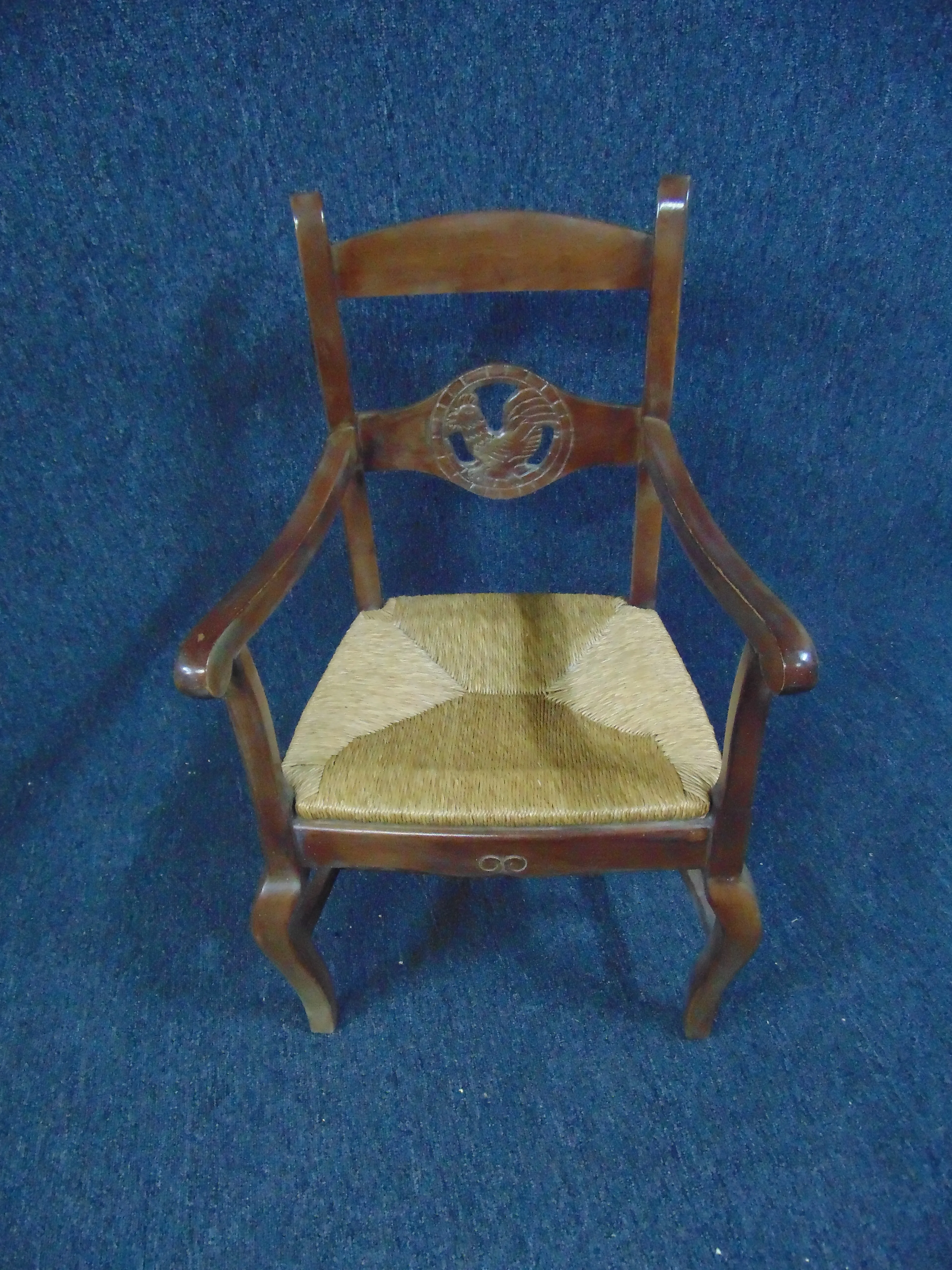 Country French Fruitwood Rooster Carved Rush Seat Arm Chair