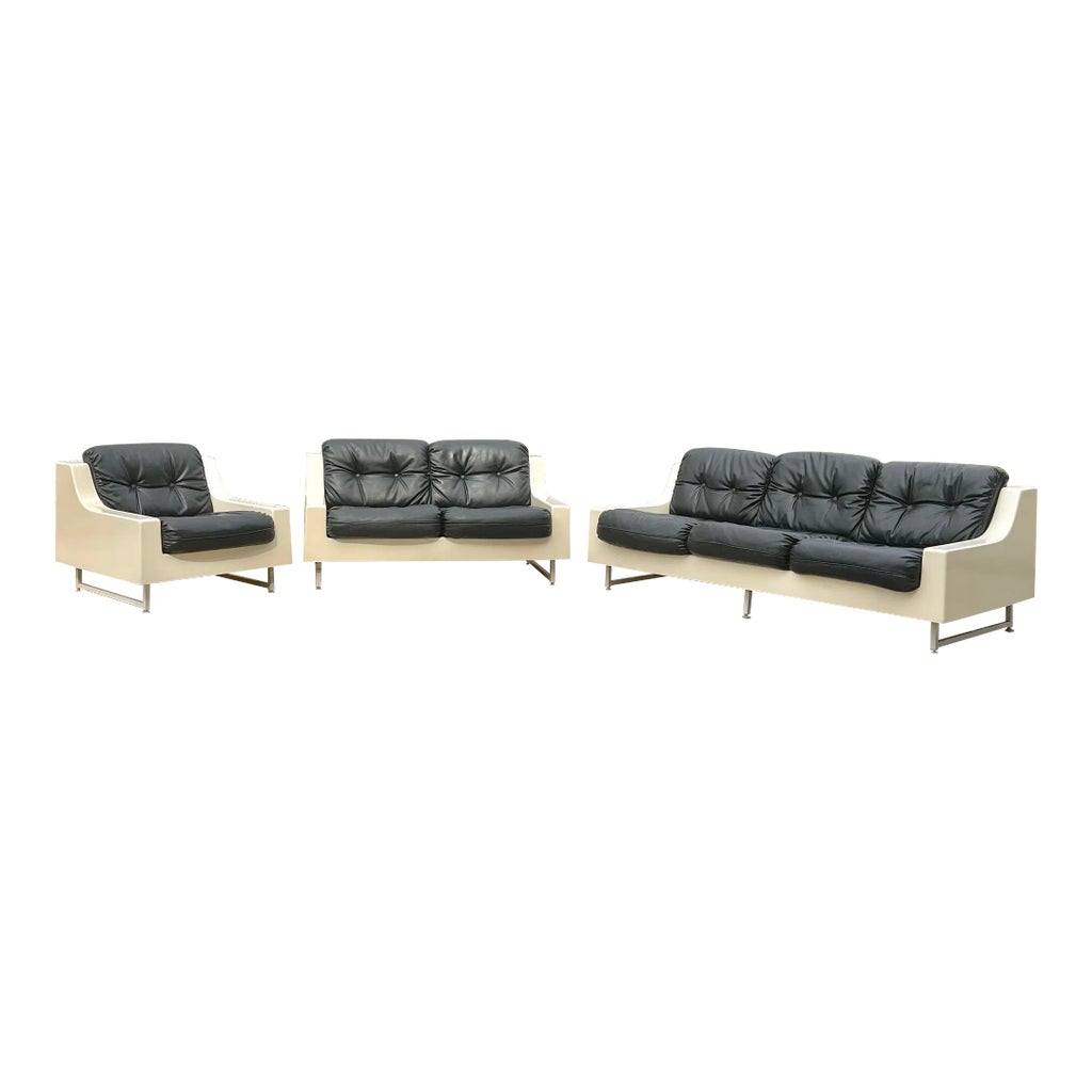 Vintage Homecrest Style Fiberglass Sofa Set With Black Tufted Cushions
