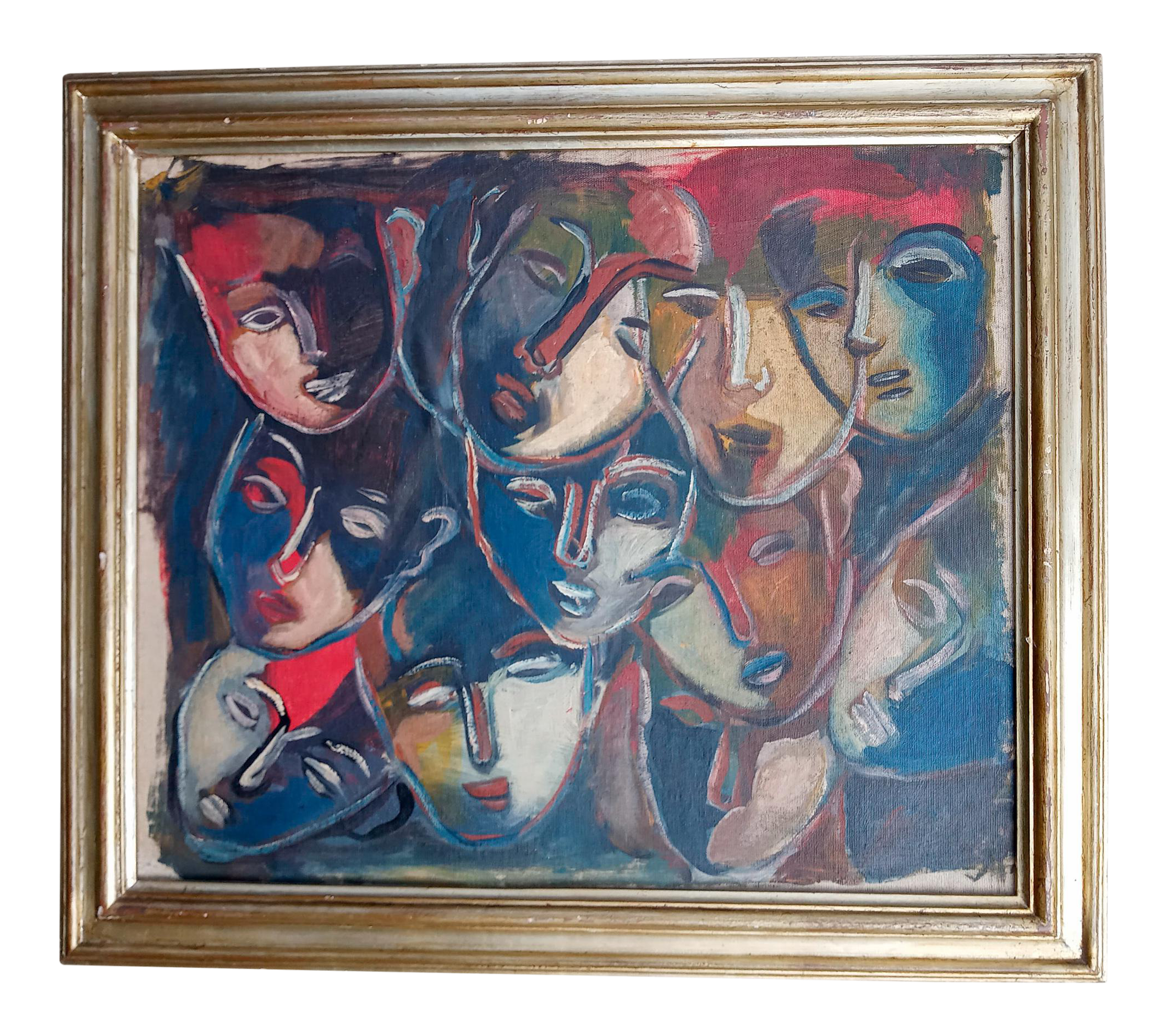 1970s Cubist Style Abstract Faces Oil Painting Framed Chairish