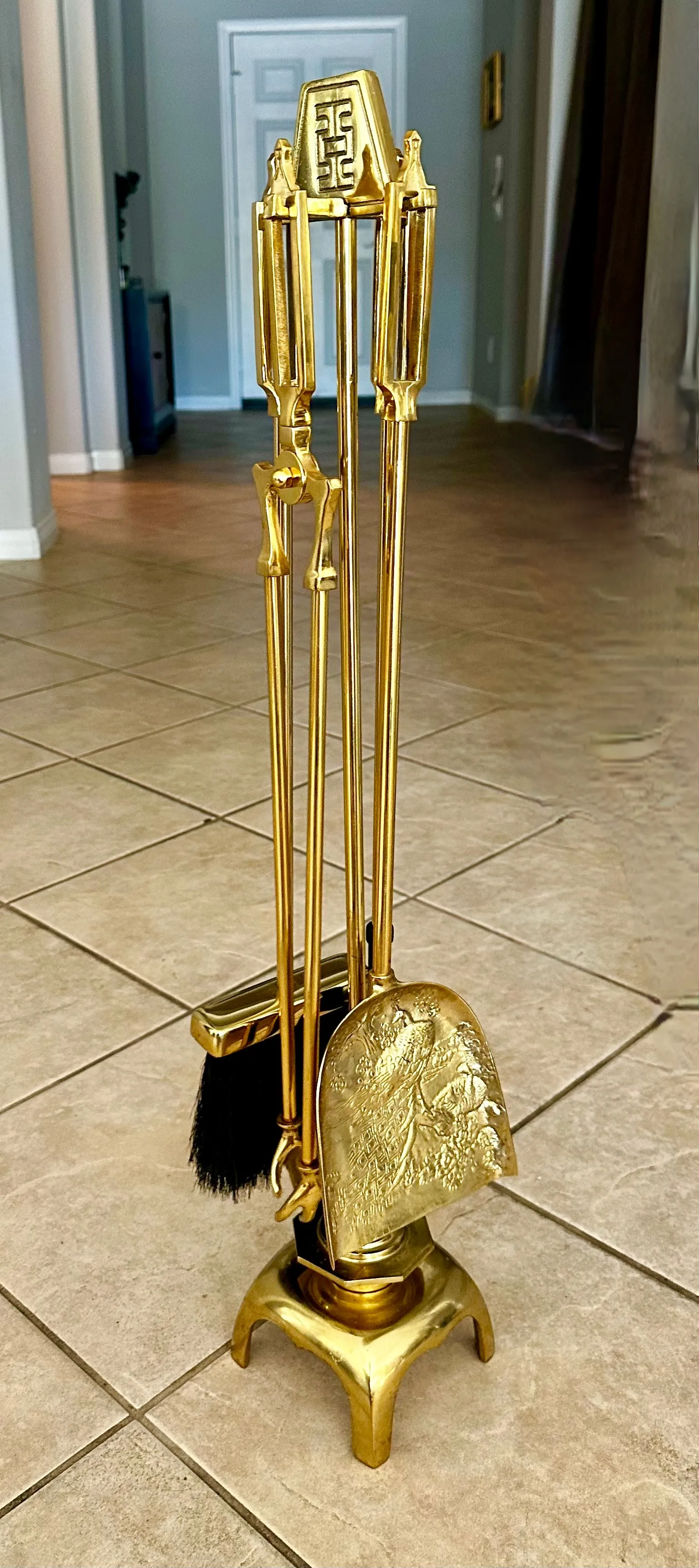 James Mont Asian Brass Fireplace Tool Set | Chairish