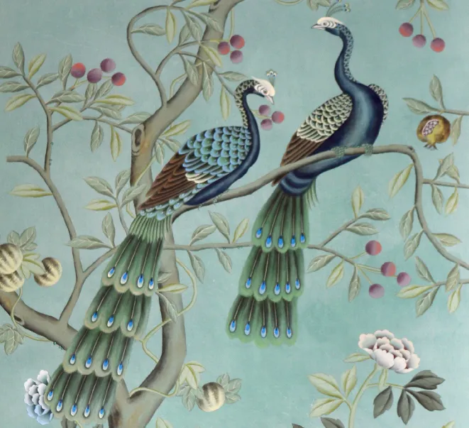 Chinoiserie Peacock Hand Painted Wallpaper on Edo Xuan Paper