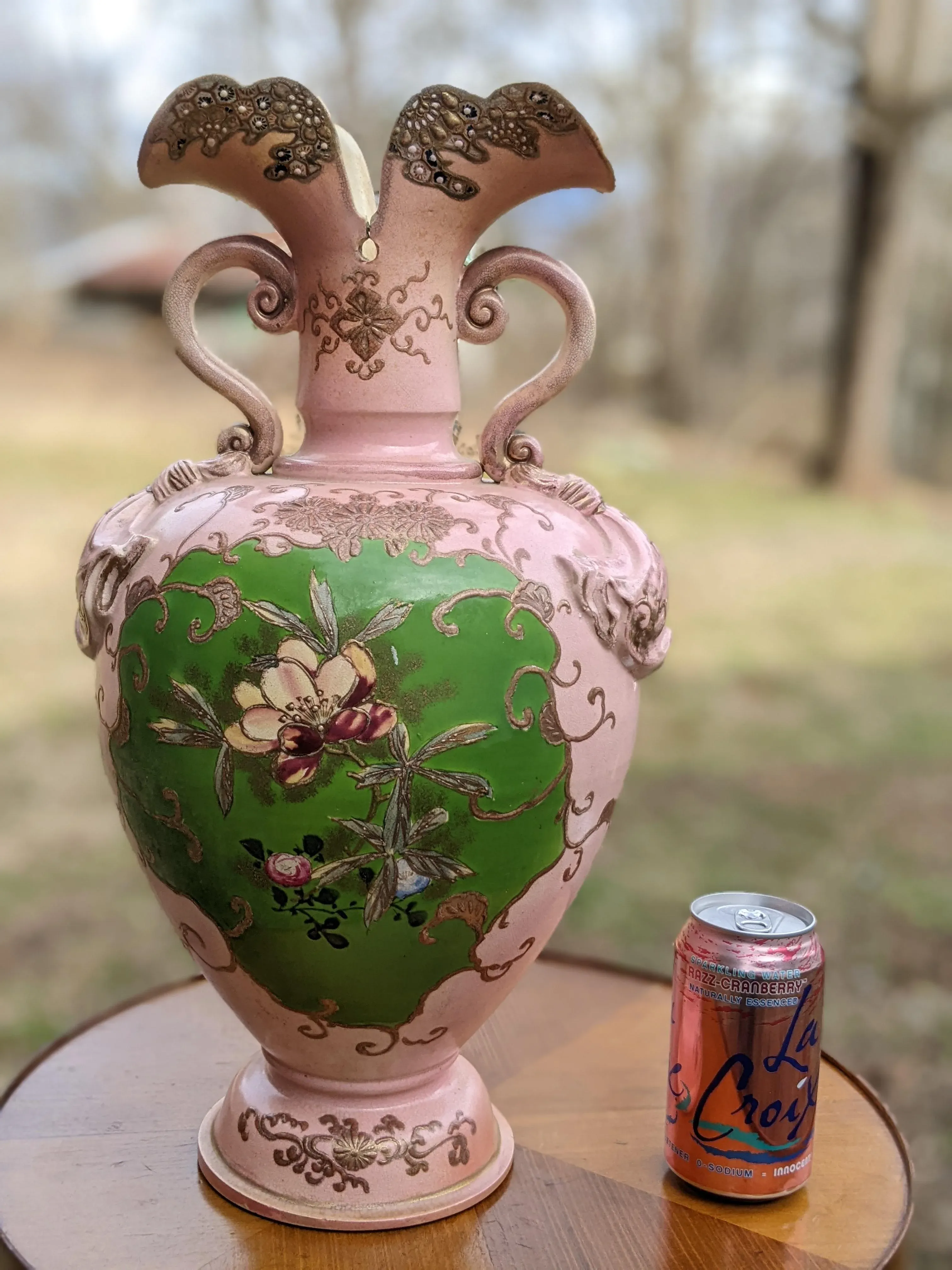 Vintage 1950s Pink Ceramic Two-Handled Kimono-Opening Urn-Style