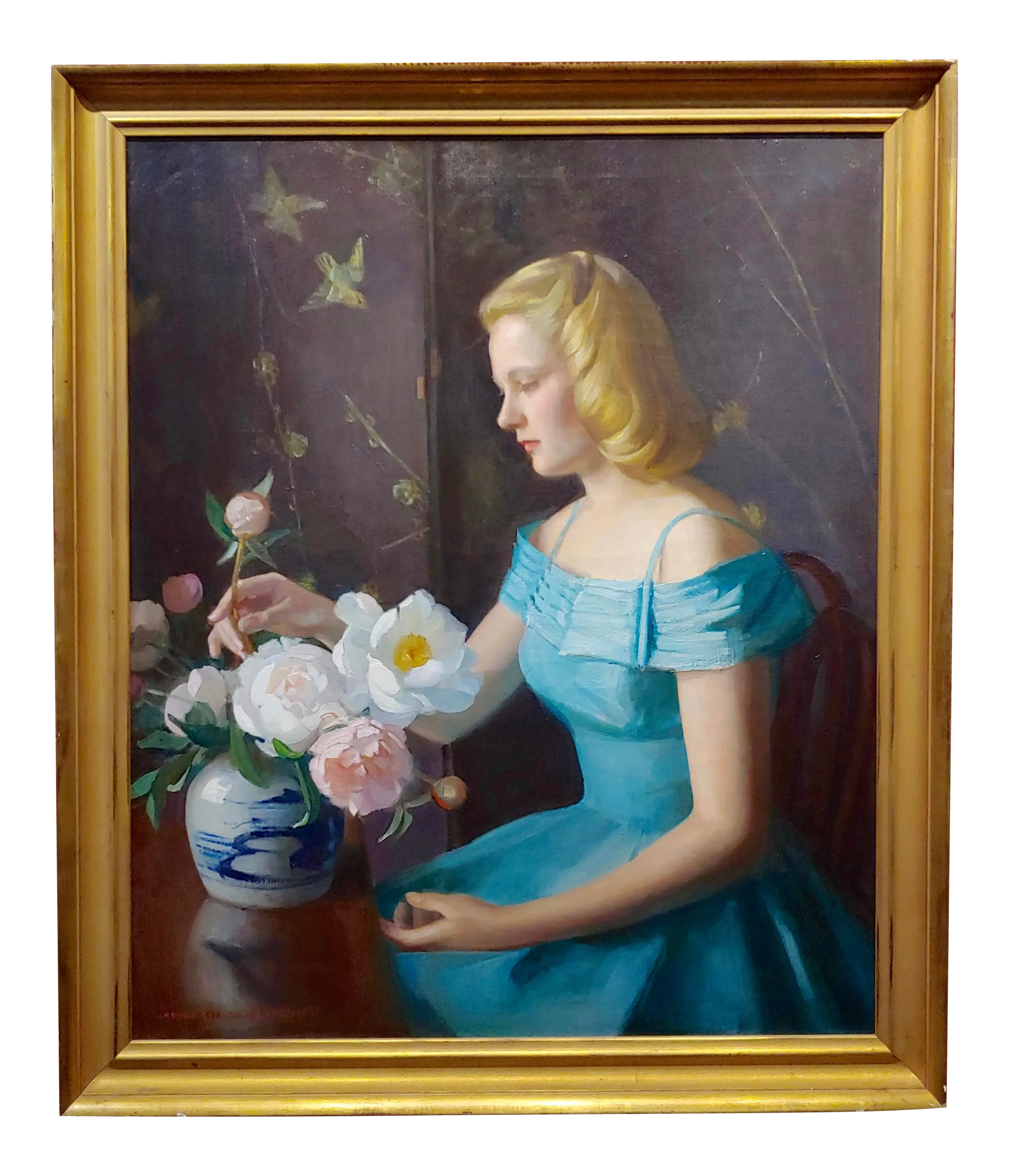 Marguerite Stuber Pearson Woman In Blue Arranging Her White Roses Oil Painting Chairish
