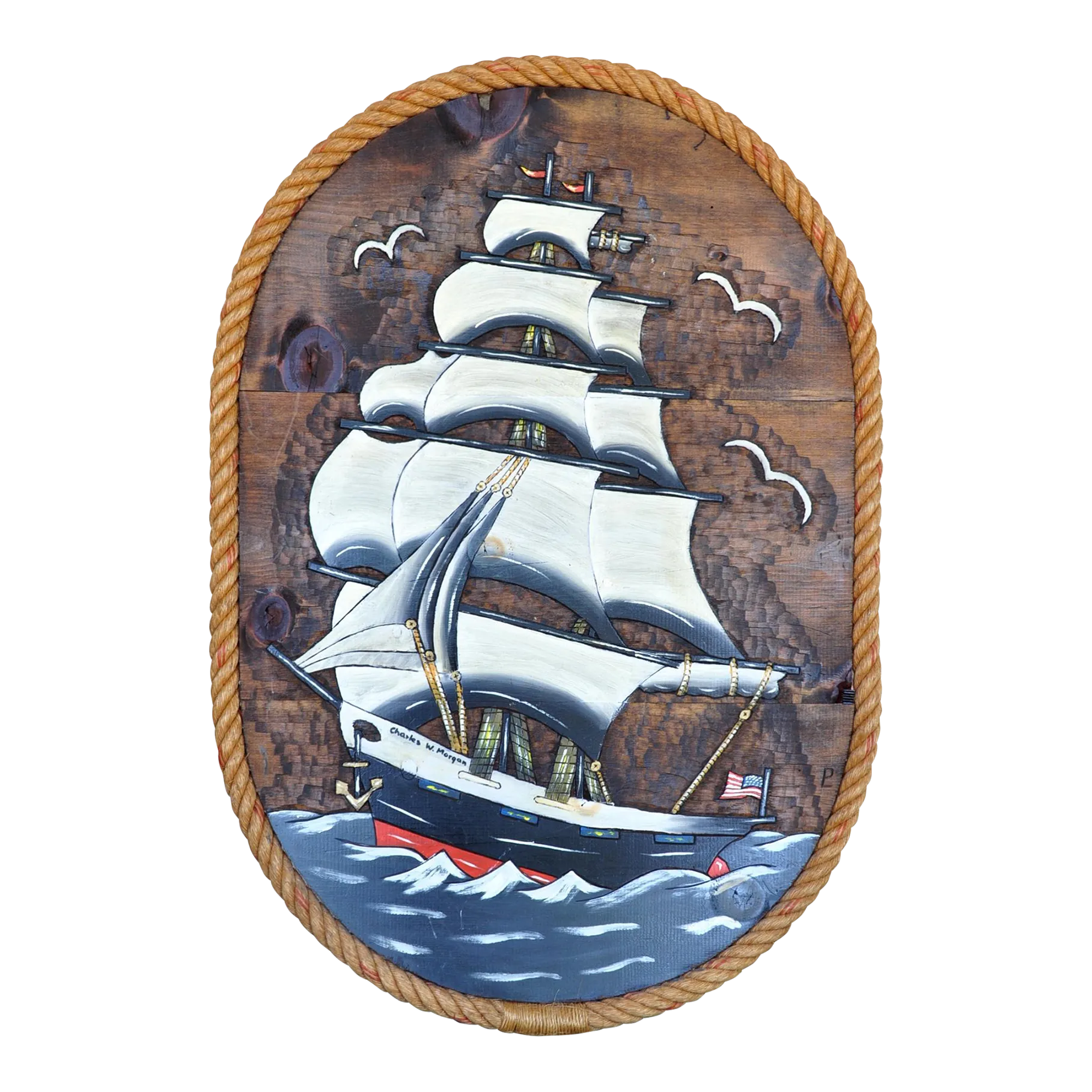 Relief Wood Carving Depicting the Last Wooden Whaleship in the World, The Charles W. Morgan