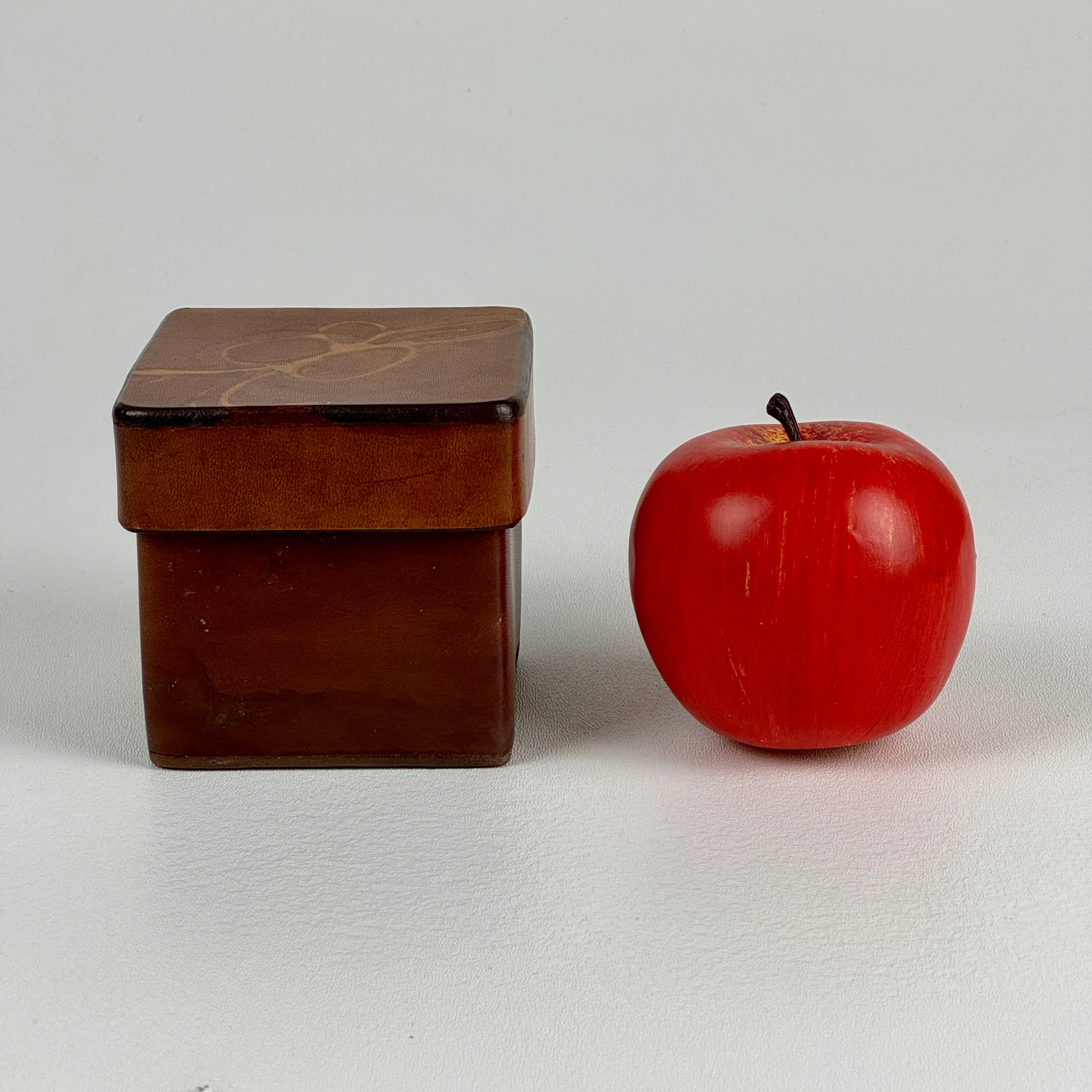 1970s Singed Square Vintage Leather Box With Illustrated Lid