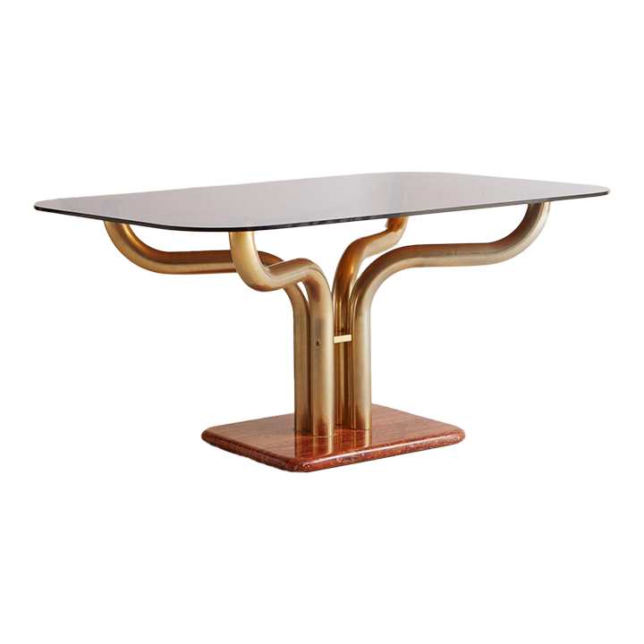 Sculptural Brass + Red Travertine Dining Table With Smoked Glass Top