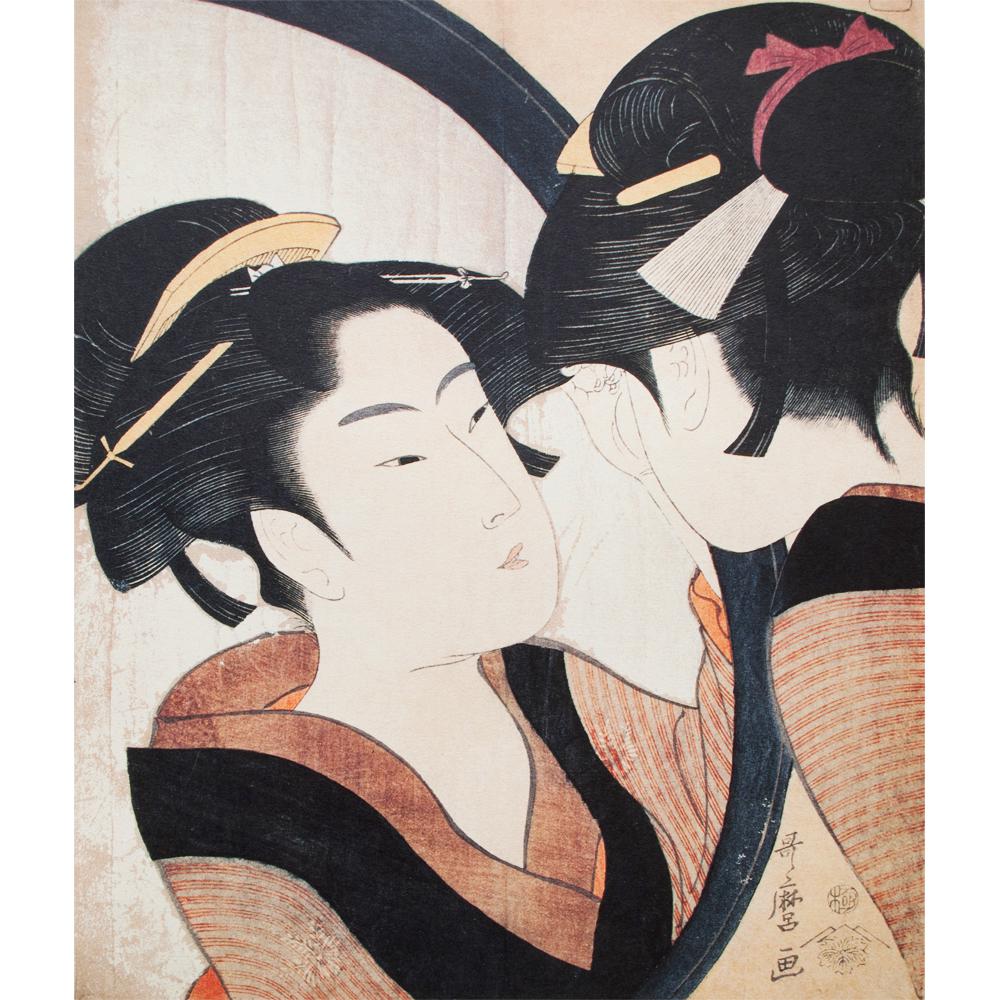 日本画 女性の姿 木製フレーム 1980s Kitagawa Utamaro, 