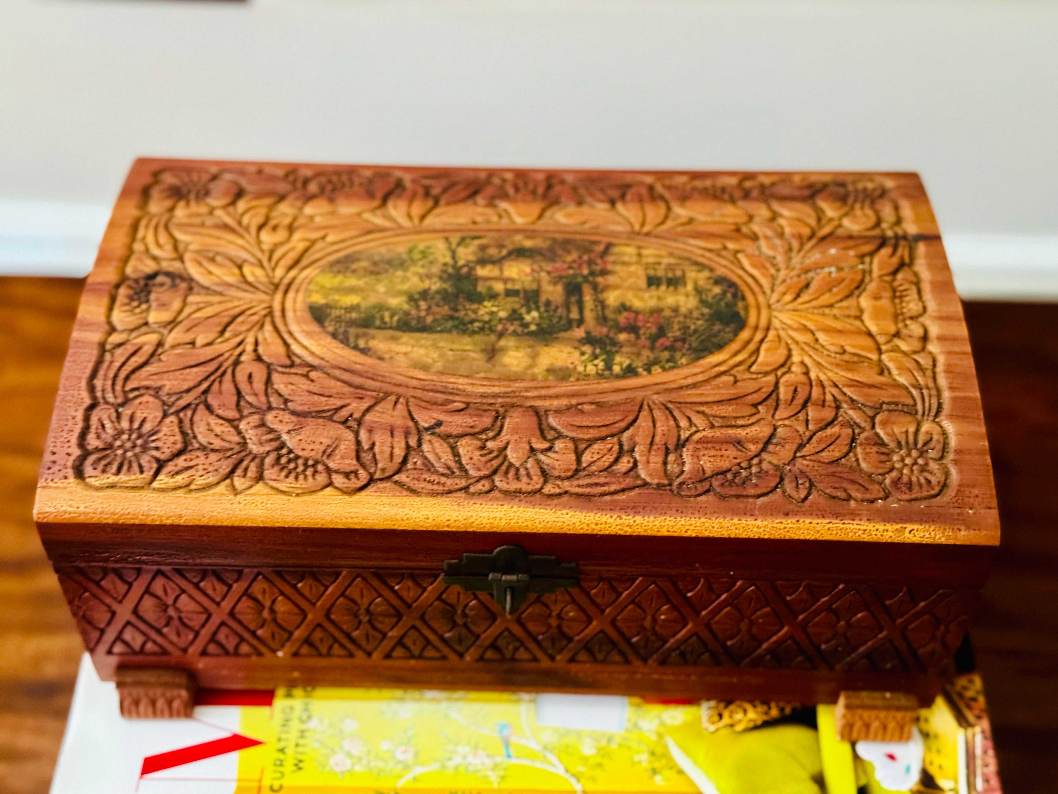 Late 20th Century Hand Carved Wooden Box With Mirror | Chairish