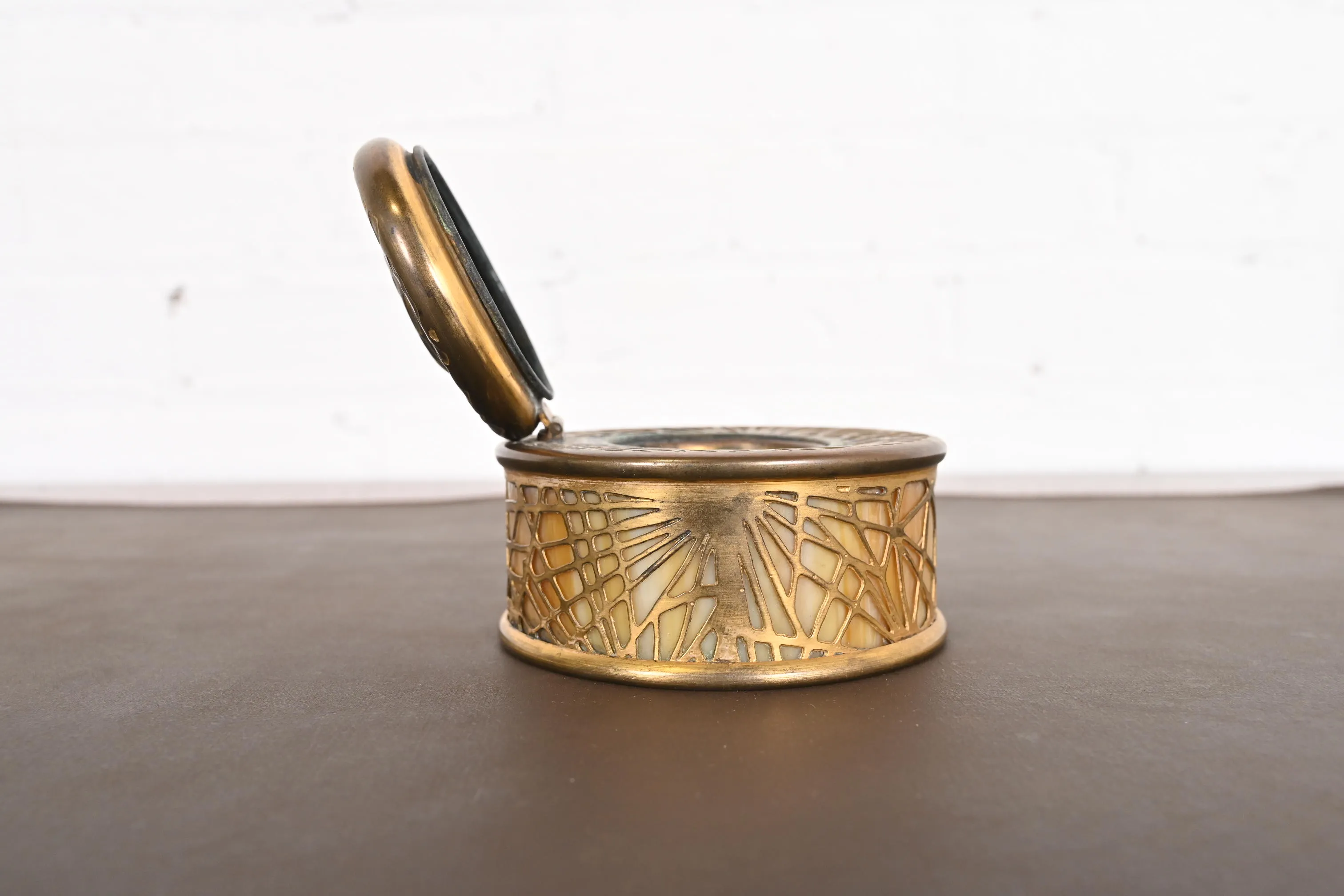 Tiffany Studios New York Pine Needle Bronze Doré and Slag Glass Inkwell
