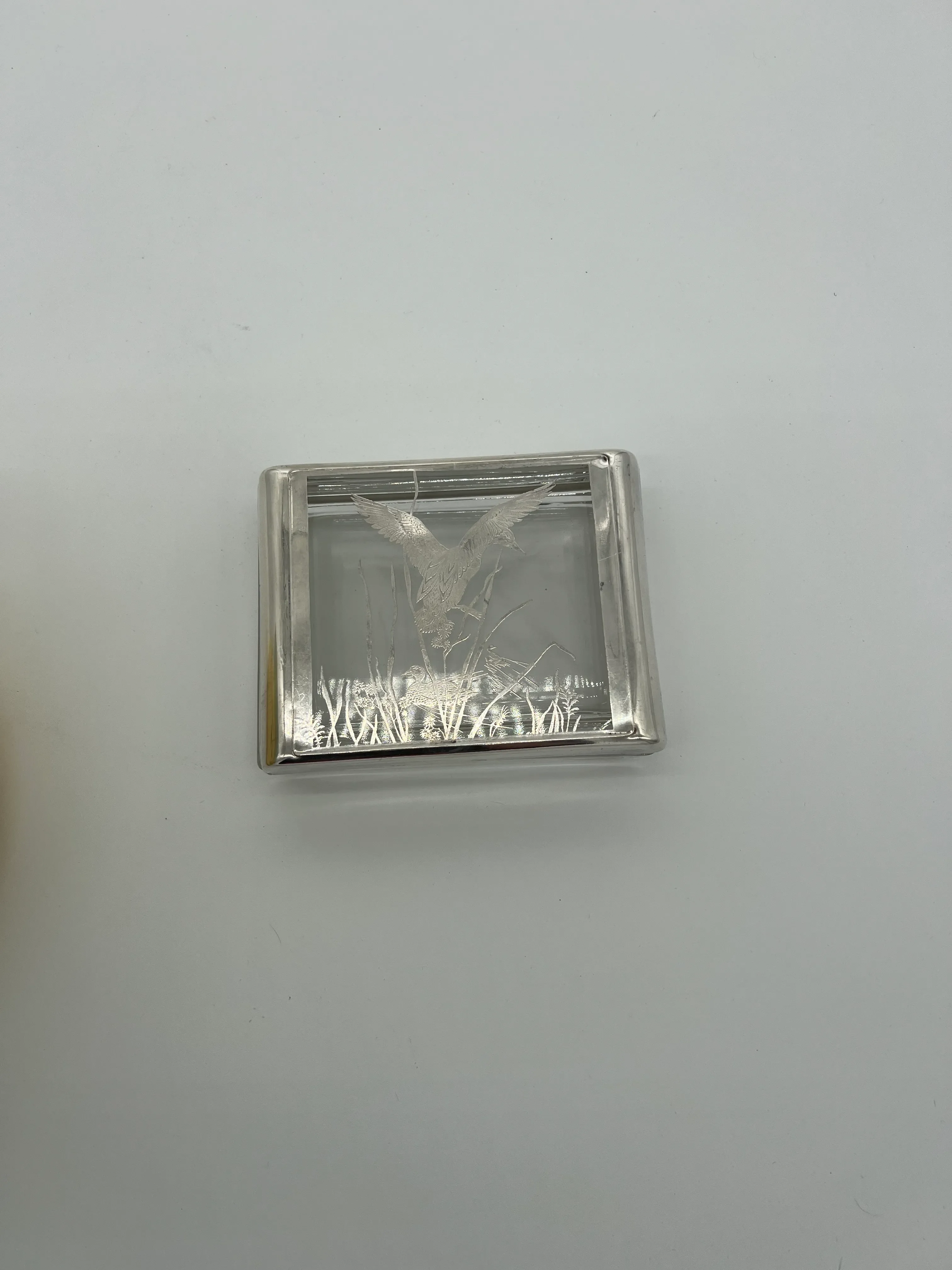 Vintage Glass Card or Cigarette Box With Sterling Silver Ducks and Trim
