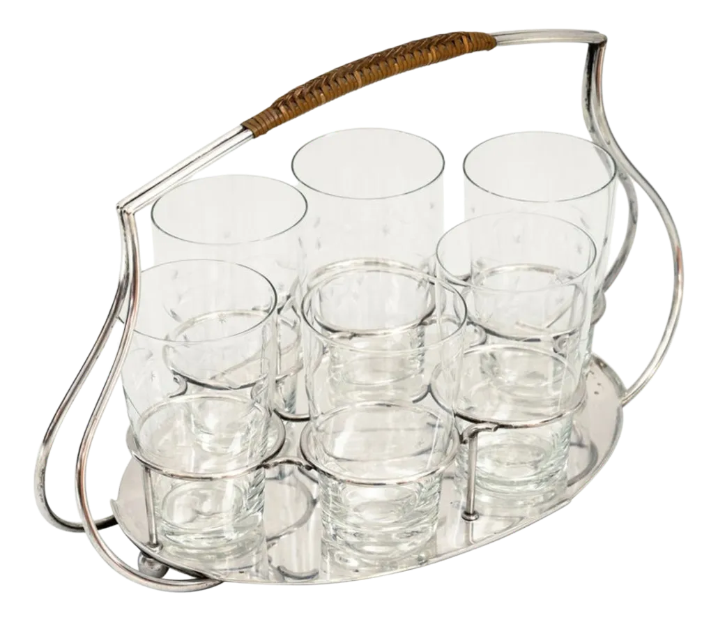 Art Deco Serving Plate in Nickel Plated Glass with Wicker Handle, 1920s, Set of 7