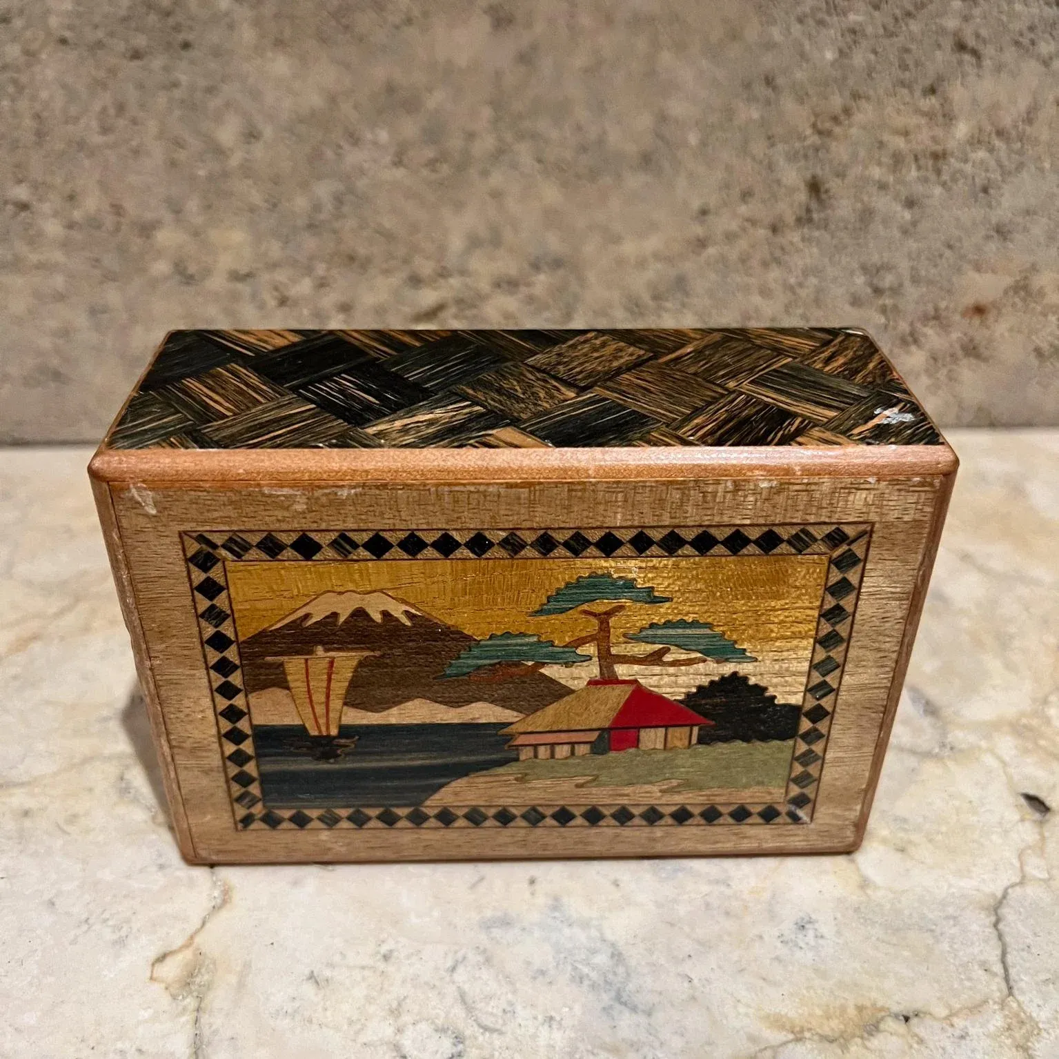 Mid-Century Modern Japanese Secret Puzzle Box Wood Inlay Mt Fuji