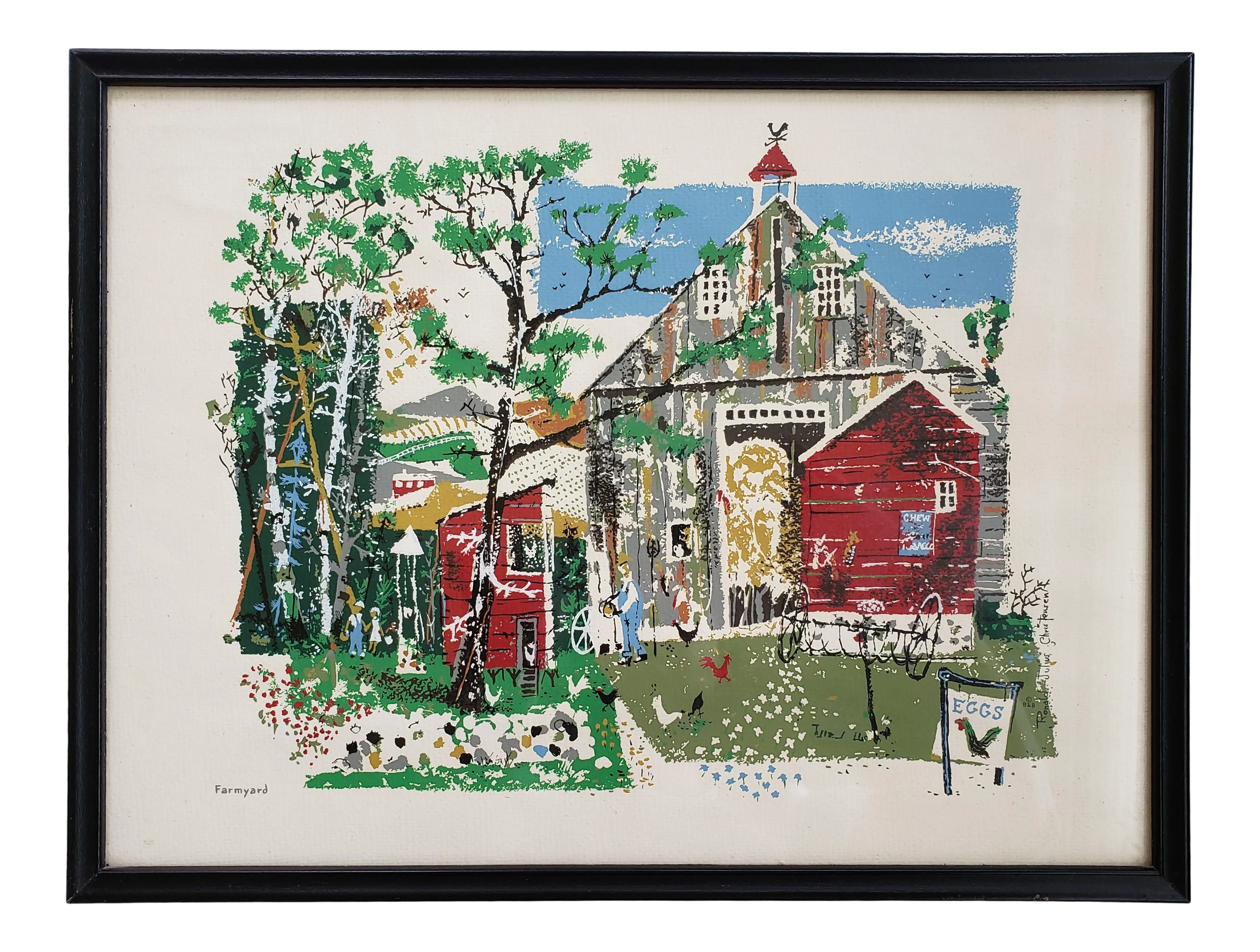 Mid 20th Century Country Farm Barn Scene Serigraph by Ronald