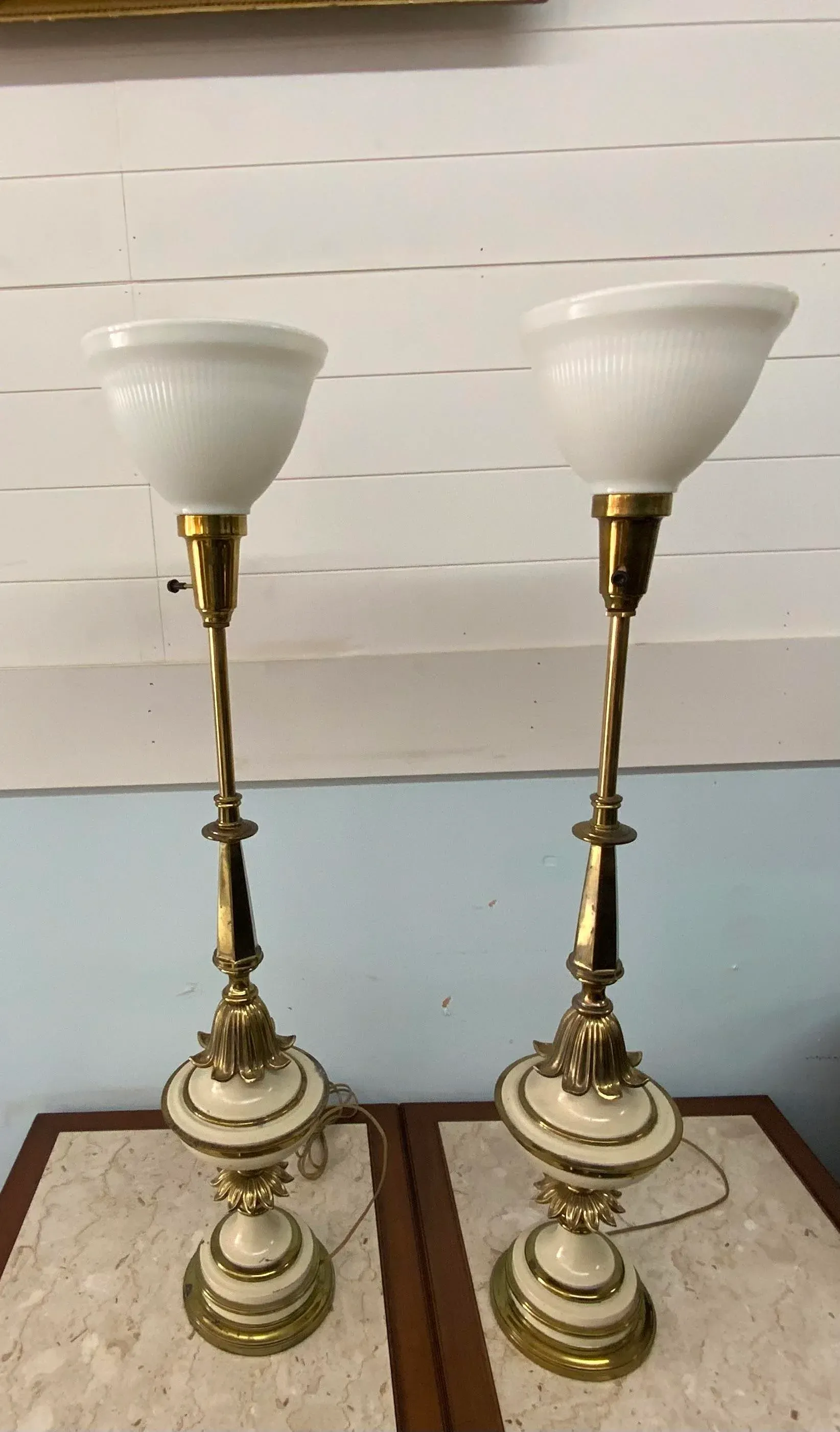 1960s Stiffel Style Brass and Enamel Torchiere Table Lamps - a Pair, image size:1644x2801